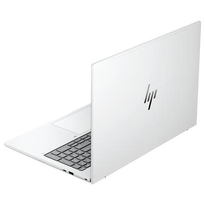 Silberner offener HP-Laptop, teilweise geschlossen im Winkel dargestellt, mit sichtbarer Tastatur und HP-Logo auf dem Deckel.
