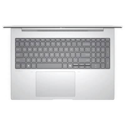 Draufsicht auf einen silbernen Laptop, der die Tastatur und ein großes, zentriert angebrachtes Touchpad zeigt.