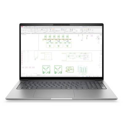Laptop zeigt einen detaillierten technischen Grundriss oder ein Schaltschema in Designsoftware auf einem weißen Bildschirm