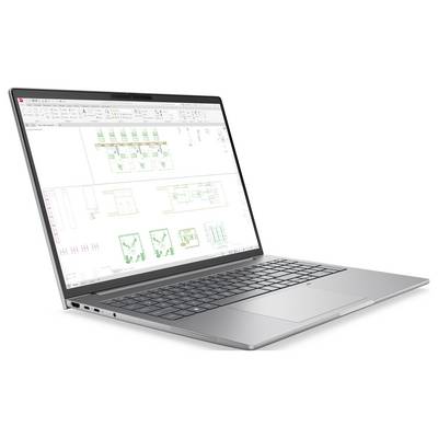 Seitenansicht eines schlanken silbernen geschlossenen Laptops, die die Vorderkante mit einer zentralen Deckelkerbe und sichtbaren Anschlüssen auf der rechten Seite zeigt.