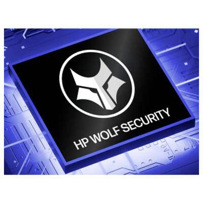 HP Wolf Security Logo auf einer schwarzen chipähnlichen Kachel vor einem blauen Leiterplattenhintergrund
