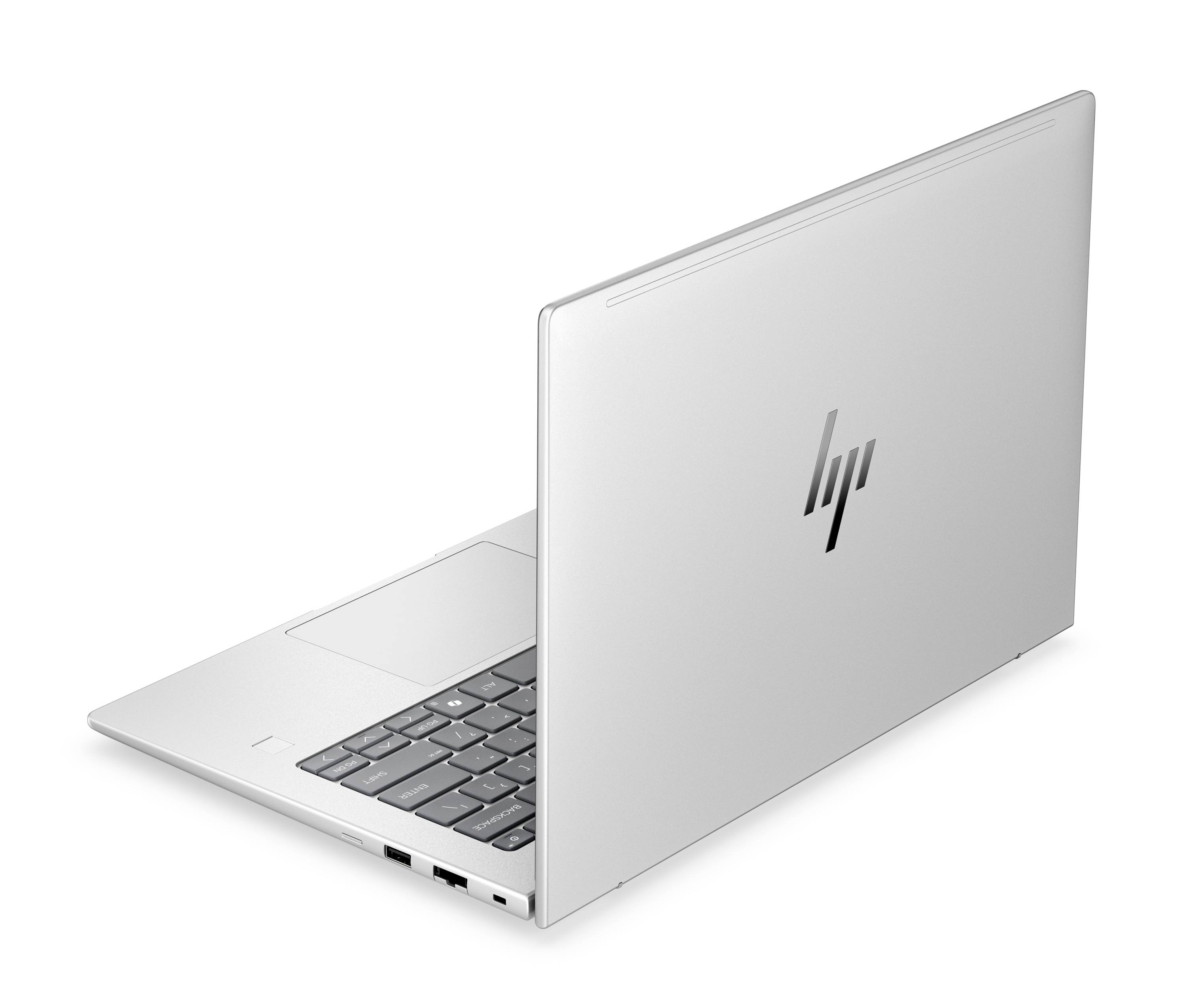 Silberner HP-Laptop, teilweise geöffnet in einer angewinkelten Produktansicht, mit sichtbarer Tastatur und HP-Logo auf dem Deckel.