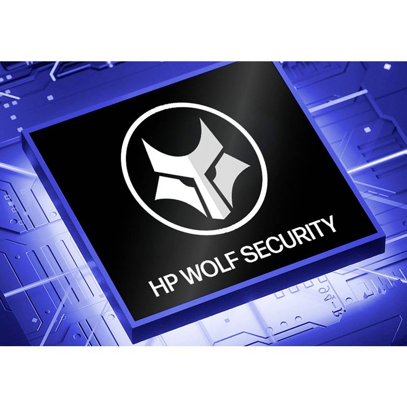 HP Wolf Security Logo auf einem schwarzen chipähnlichen Quadrat vor einem blauen Leiterplattenhintergrund