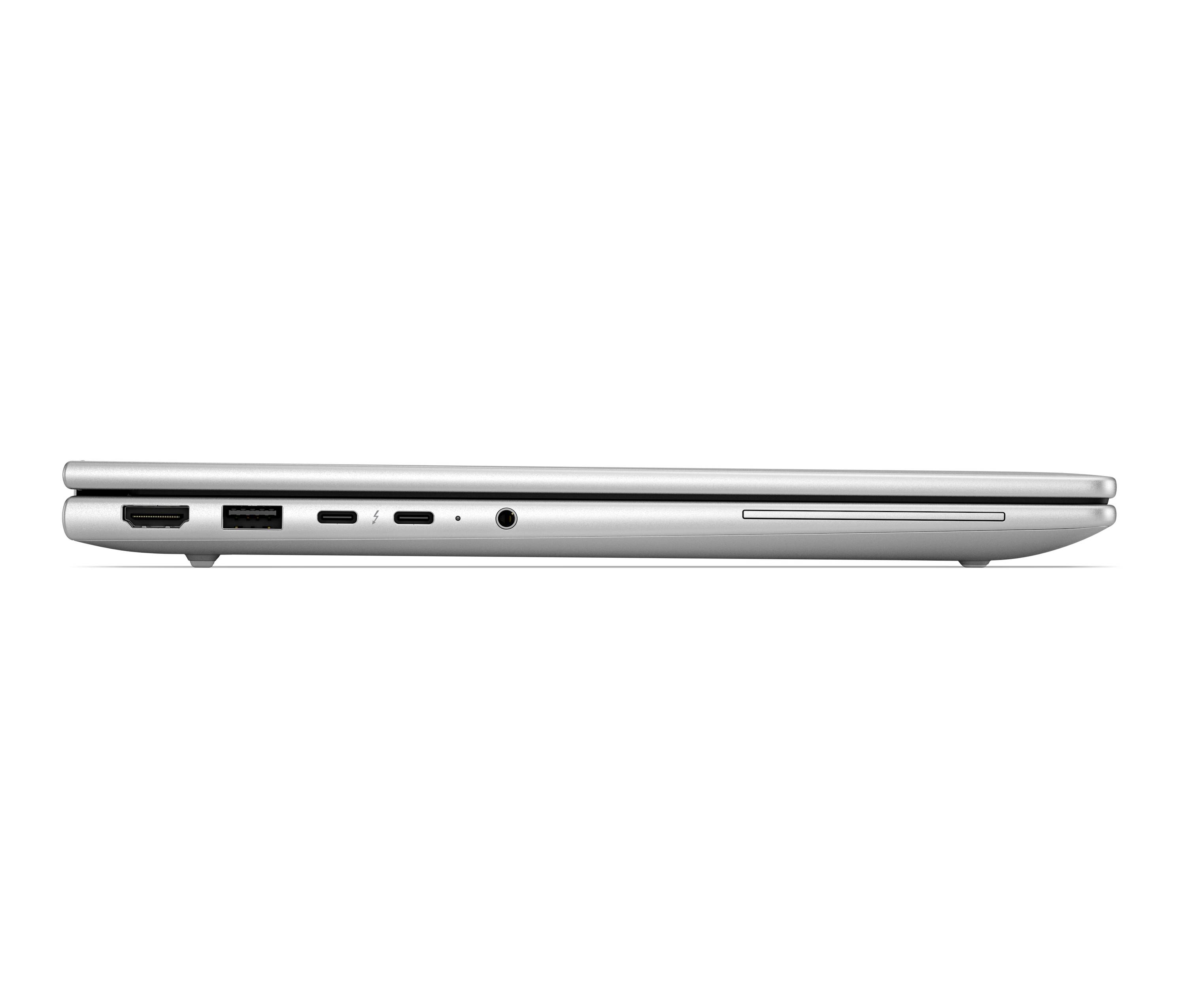Seitenansicht eines geschlossenen silbernen Laptops mit Anschlüssen, einschließlich USB, HDMI und Audiobuchse, auf weißem Hintergrund.