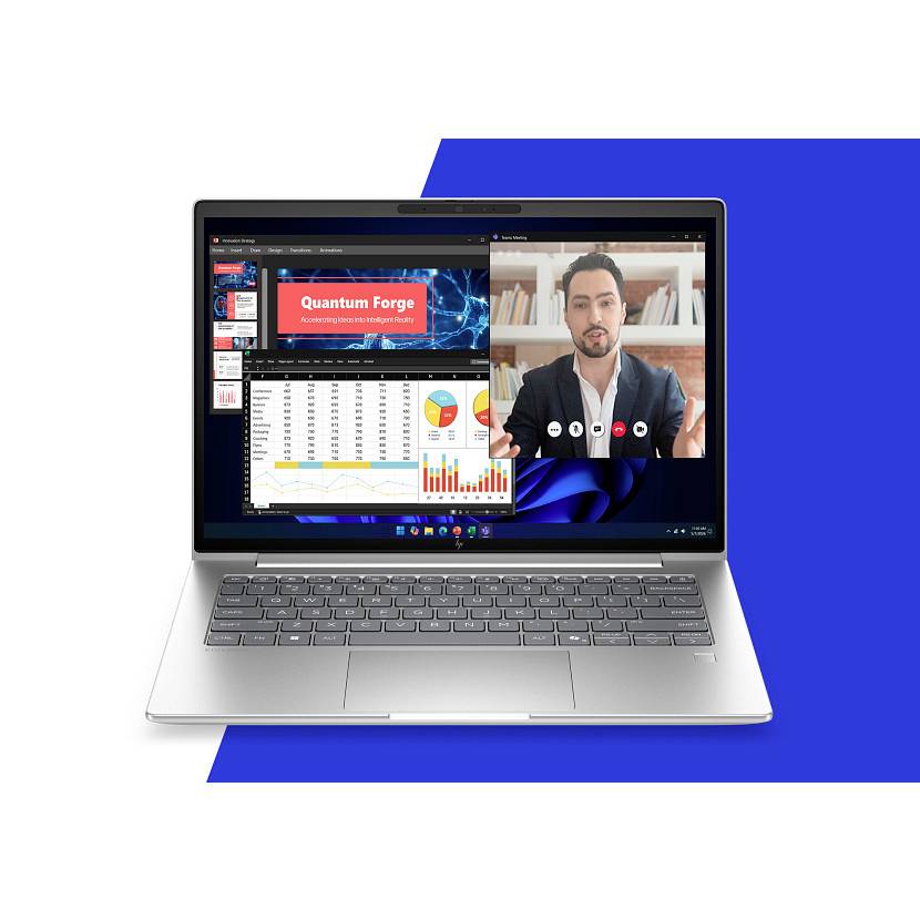Laptop mit einer Präsentationsfolie mit dem Titel „Quantum Forge" neben einem Videoanruf mit einem Mann und Analysendiagrammen, was auf Fernarbeit oder Online-Präsentation hindeutet.
