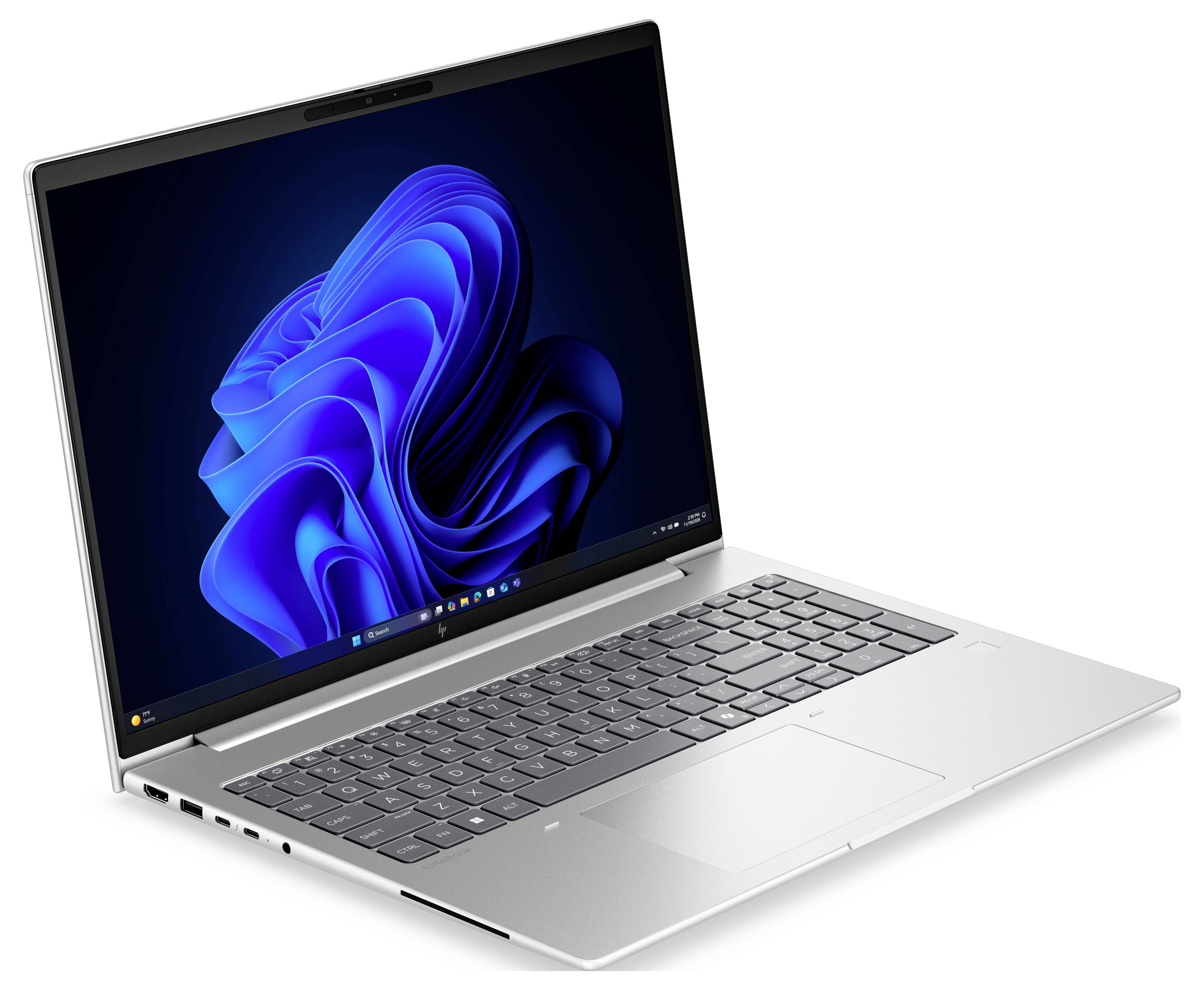 Silberner Laptop in einem Winkel geöffnet, zeigt ein Windows-ähnliches blaues abstraktes Hintergrundbild auf dem Bildschirm vor einem weiß-blauen Hintergrund.