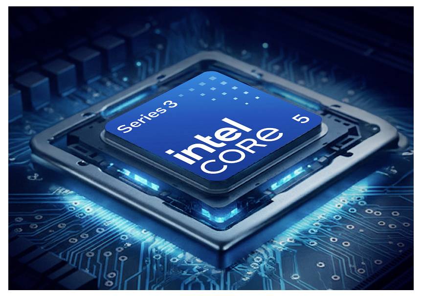 3D-Illustration eines leuchtend blauen Intel Core 5 Series 3-Prozessor-Chips auf einem Leiterplattenhintergrund.