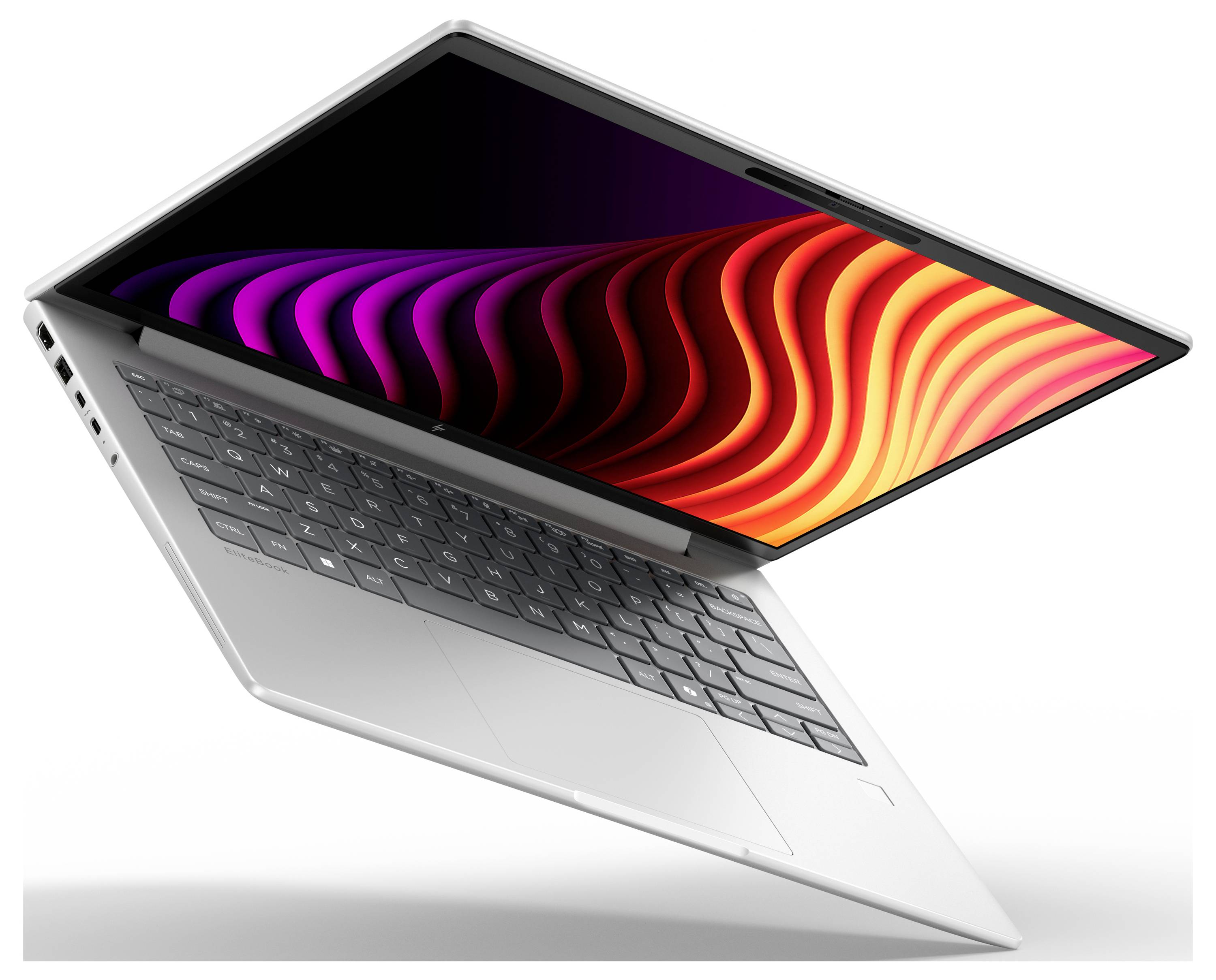 Silberner 2-in-1-Laptop, teilweise im Tablet-Modus geöffnet, zeigt ein farbenfrohe abstrakte Wellen-Hintergrundbild auf dem Bildschirm.