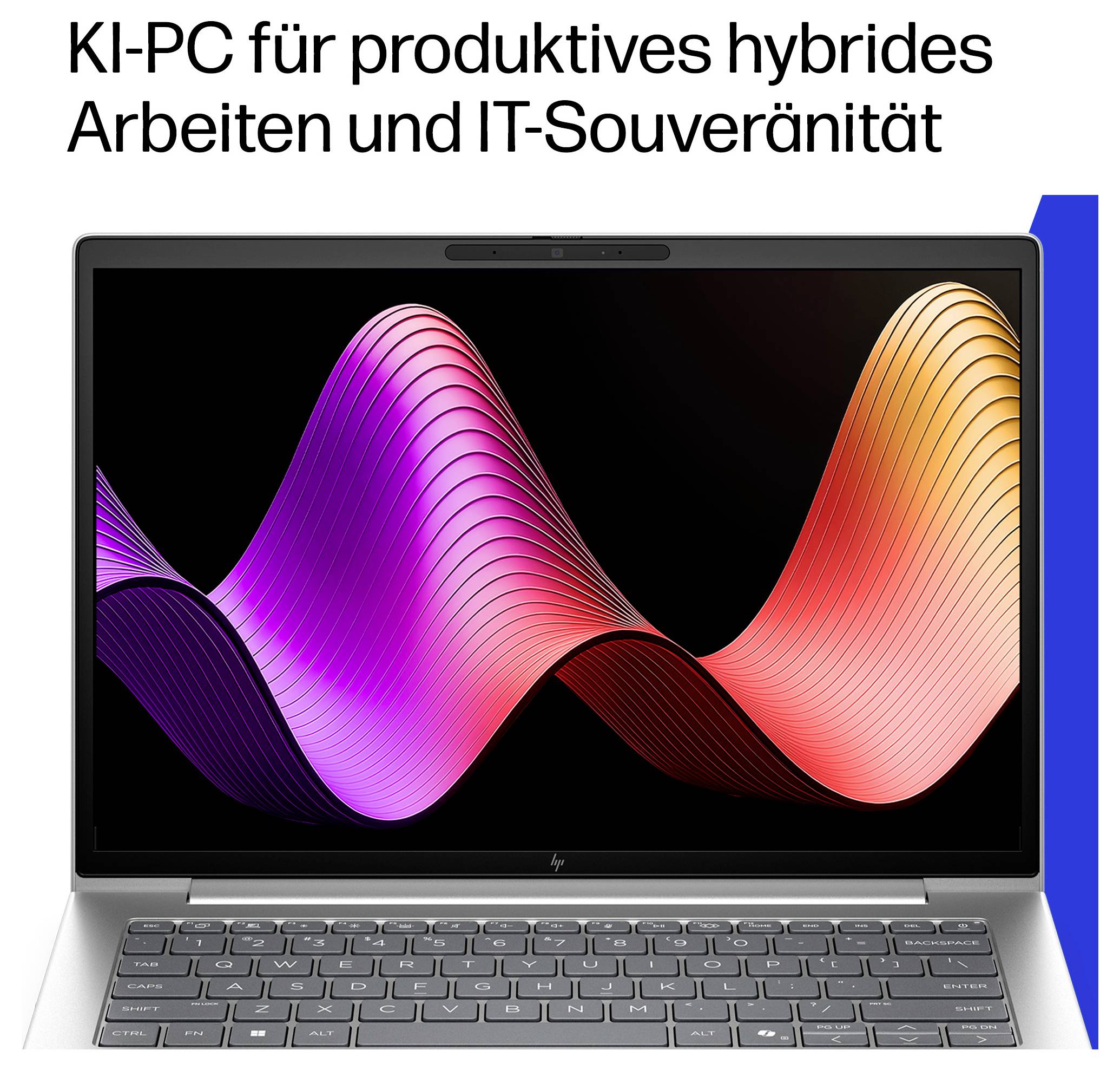 KI-PC für produktives hybrides Arbeiten und IT-Souveränität über einem Laptop, der abstrakte farbenfrohe Wellengrafiken anzeigt.