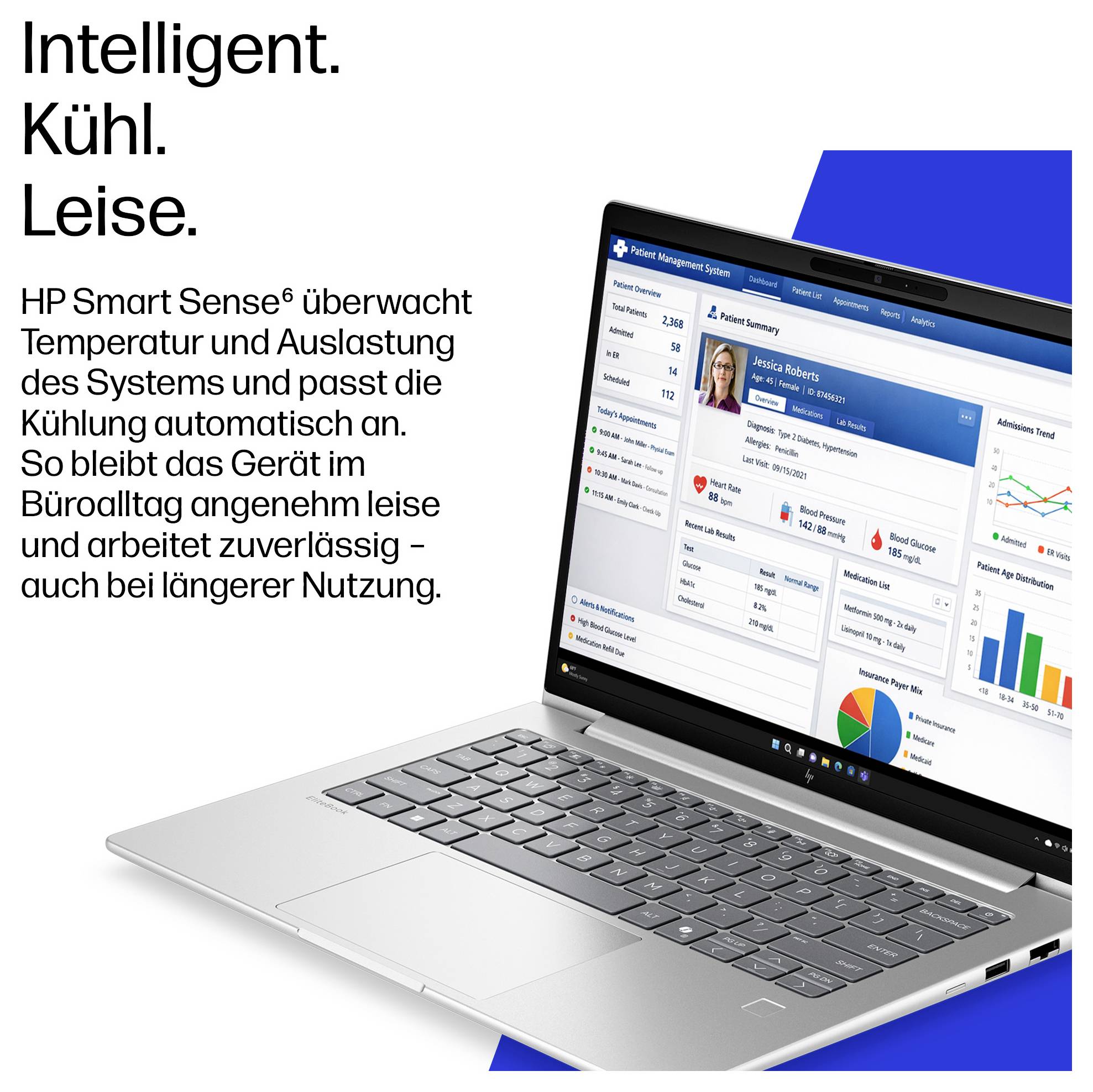 HP EliteBook 6 G2i 14-Zoll-Notebook-Laptop im geöffneten Zustand mit grauer Tastatur und farbenfroher Wellengrafik auf dem Bildschirm.