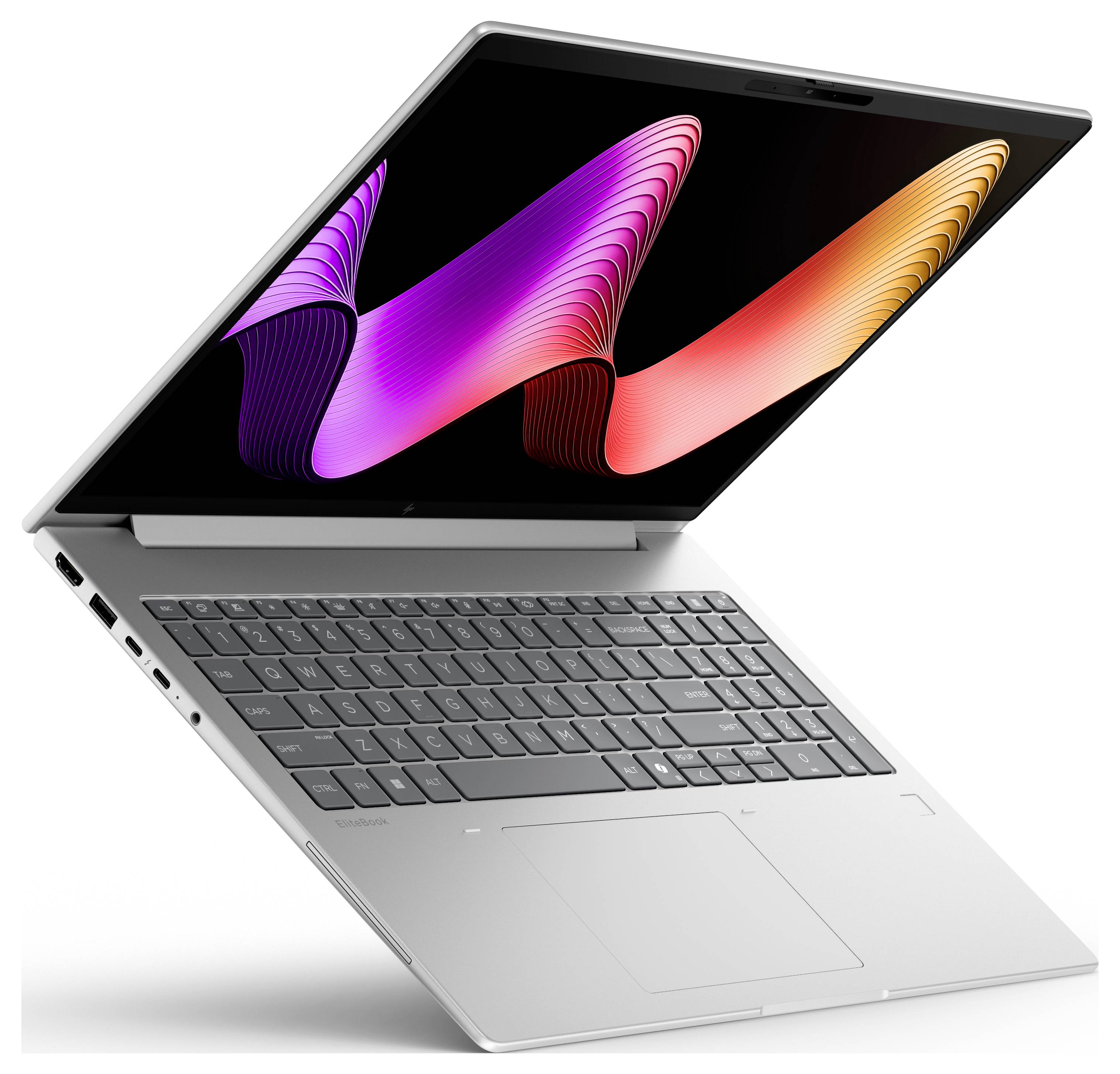 Silberner Laptop im Zeltmodus mit Touchscreen, der eine farbenfrohe abstrakte Welle auf schwarzem Hintergrund anzeigt.