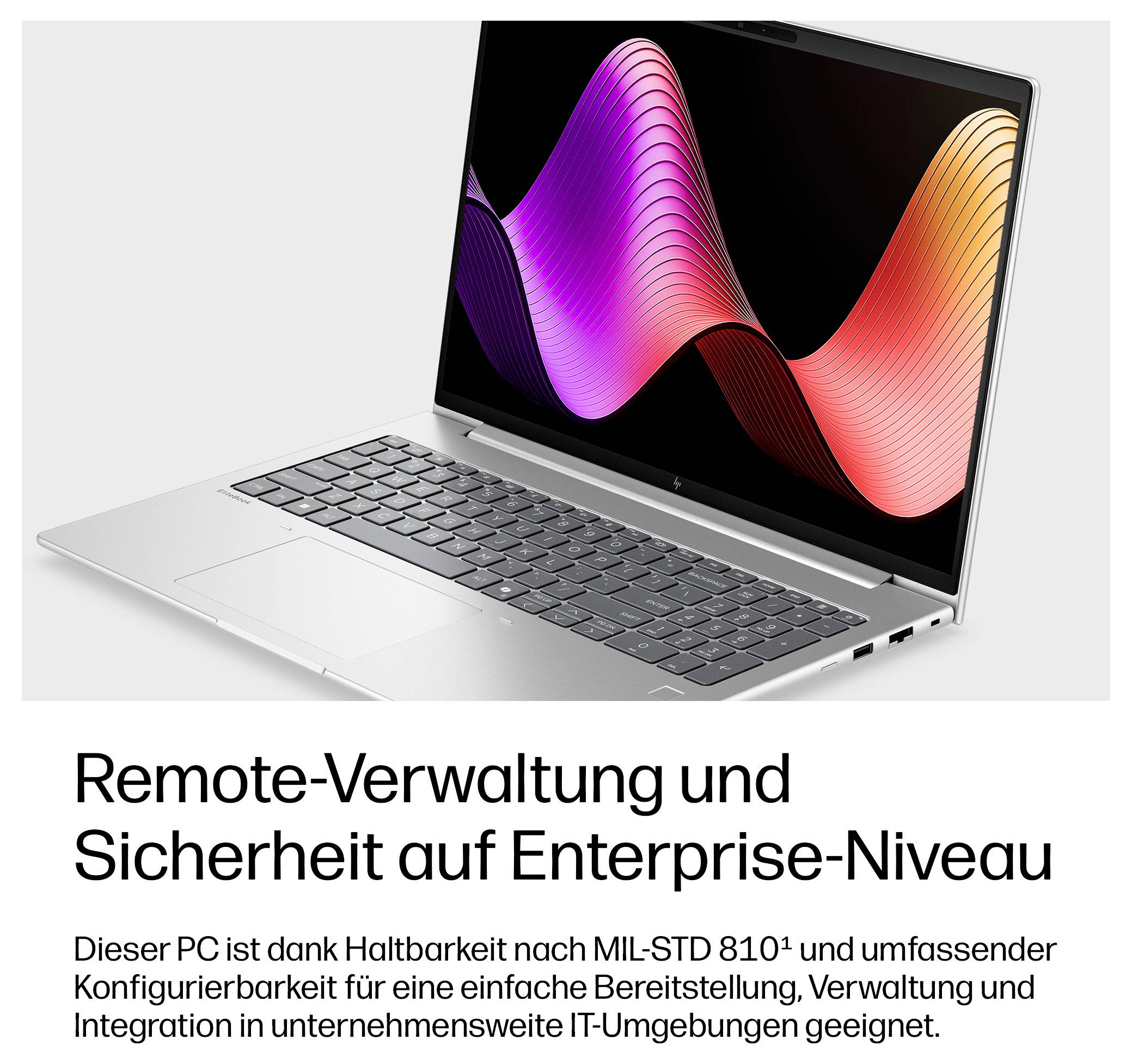 Ein silberner Laptop mit einer farbigen Welle auf dem Bildschirm und deutschem Text, der Enterprise-Grade-Fernverwaltung und Sicherheit bewirbt.