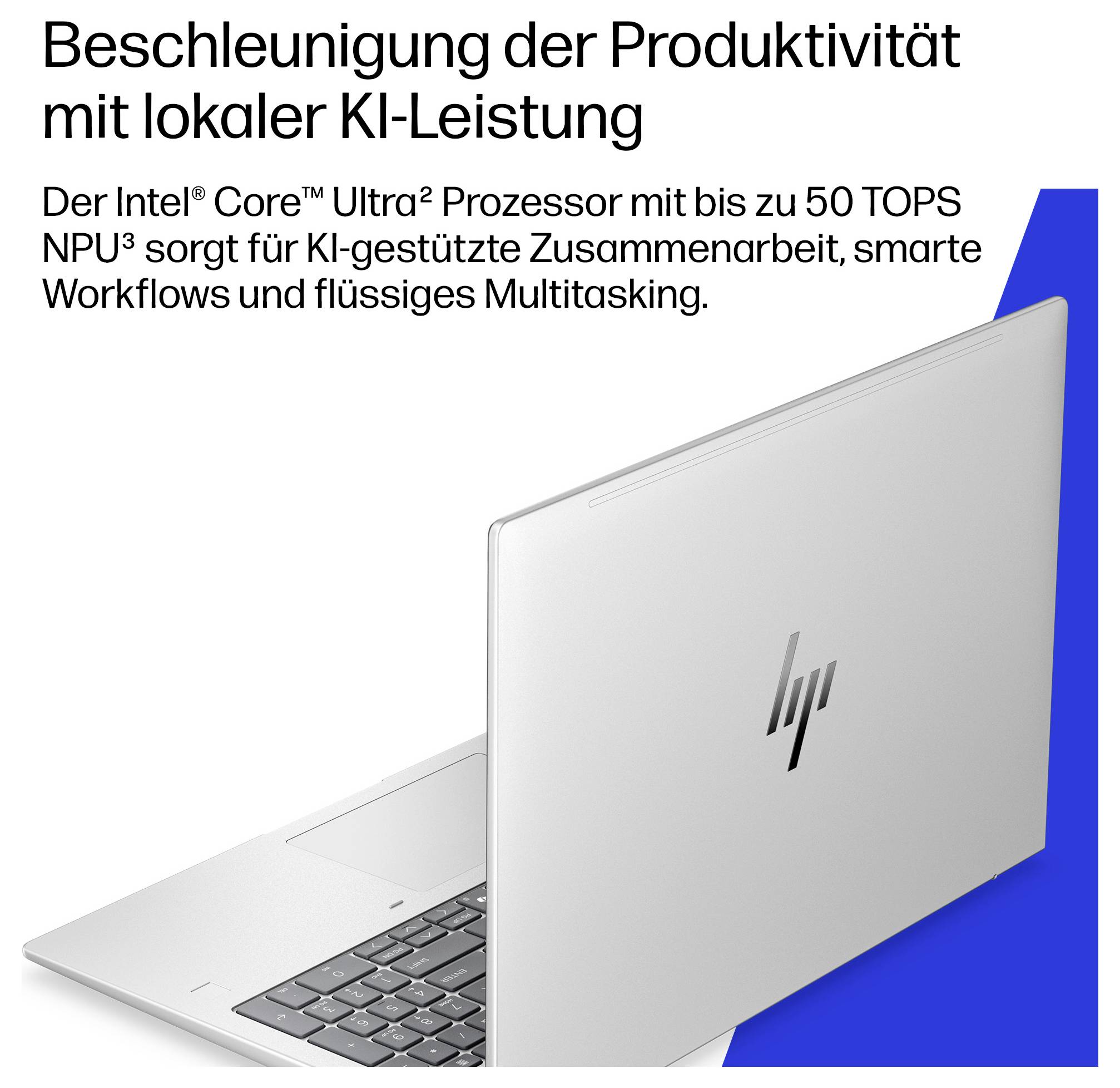 HP Laptop-Anzeige mit deutschem Text zur Bewerbung des Intel Core Ultra 2 Prozessors und bis zu 50 TOPS NPU für schnellere lokale KI-Produktivität und Multitasking.