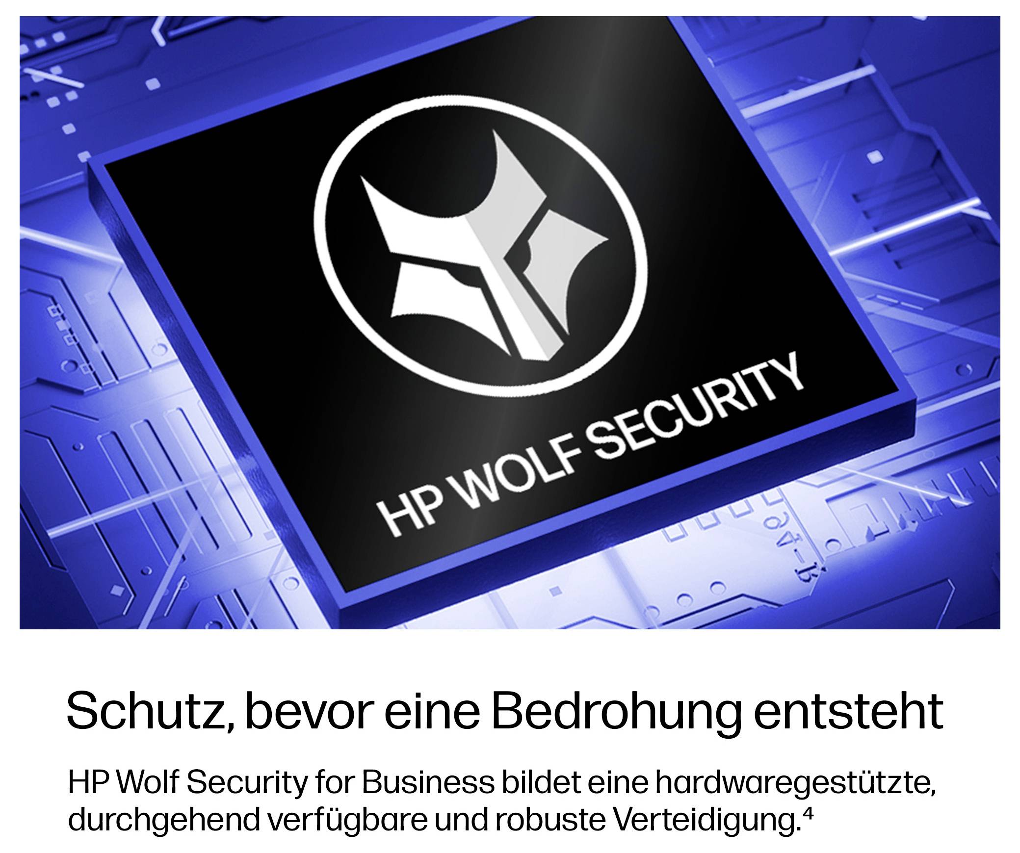 HP Wolf Security Logo auf blauem Leiterplattenhintergrund mit deutschem Text: "Schutz, bevor eine Bedrohung entsteht" und einer Geschäftssicherheitsbeschreibung.
