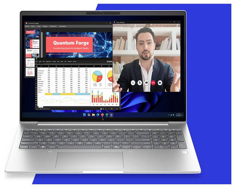 Laptop mit einem Business-Dashboard mit der Bezeichnung „Quantum Forge", daneben Charts und Tabellen sowie ein Videoanruf mit einem Mann auf dem Bildschirm.