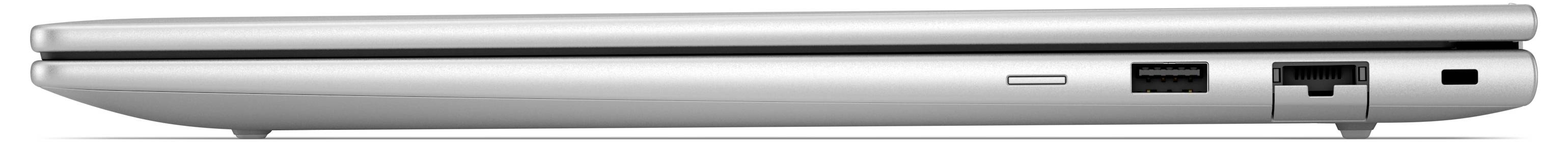 Seitenansicht eines silbernen Laptops, die sein geschlossenes Profil mit Anschlüssen und einer Audiobuchse an der Kante zeigt.