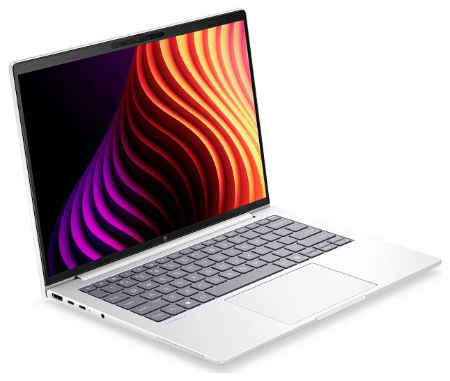 Silberner Laptop mit offener Anzeige, die ein abstraktes Hintergrundbild mit roten, orangefarbenen und violetten Wellen auf weißem Hintergrund zeigt.