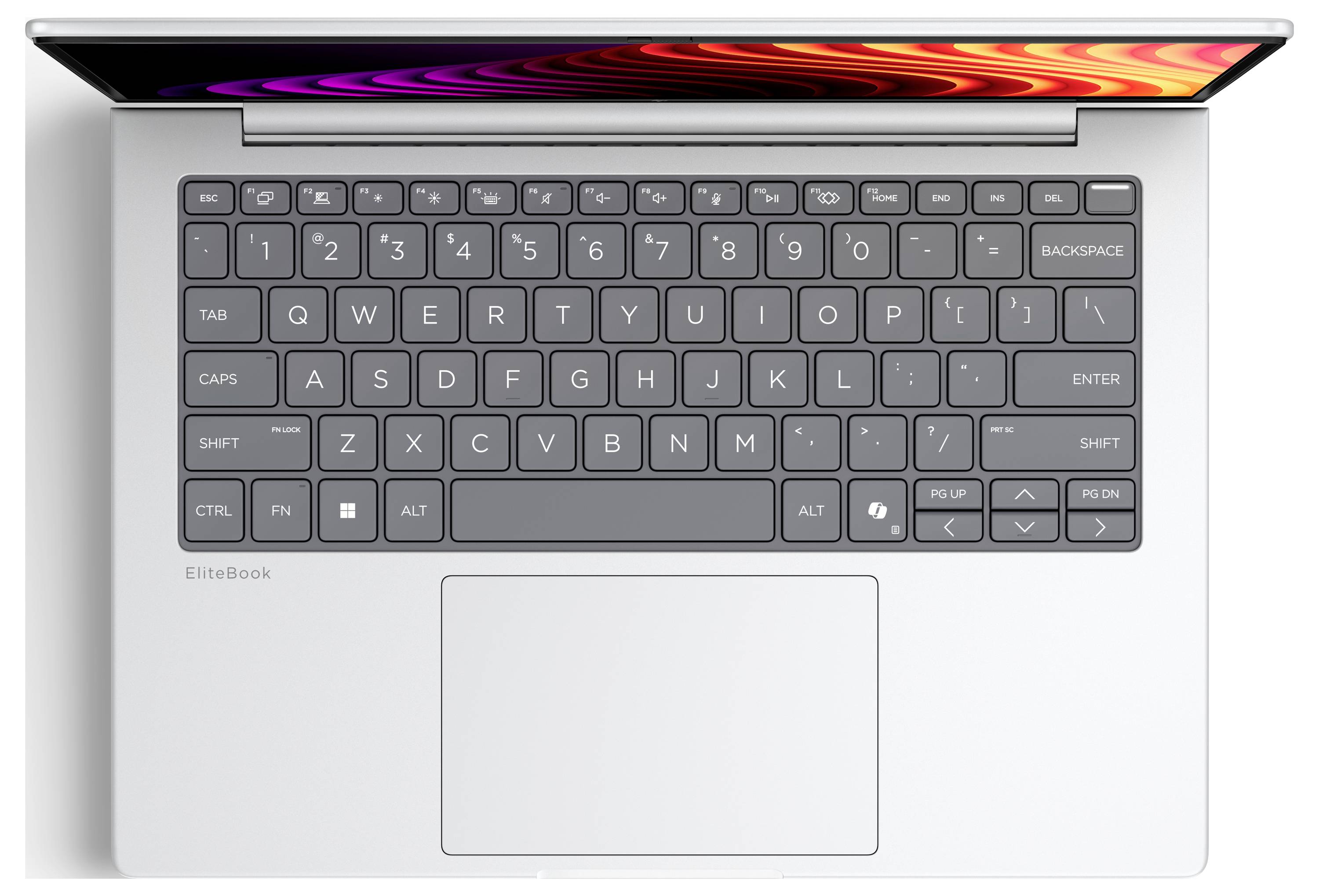 Draufsicht auf einen silbernen HP EliteBook-Laptop mit geöffnetem Bildschirm, der die Tastatur und das große Trackpad zeigt.