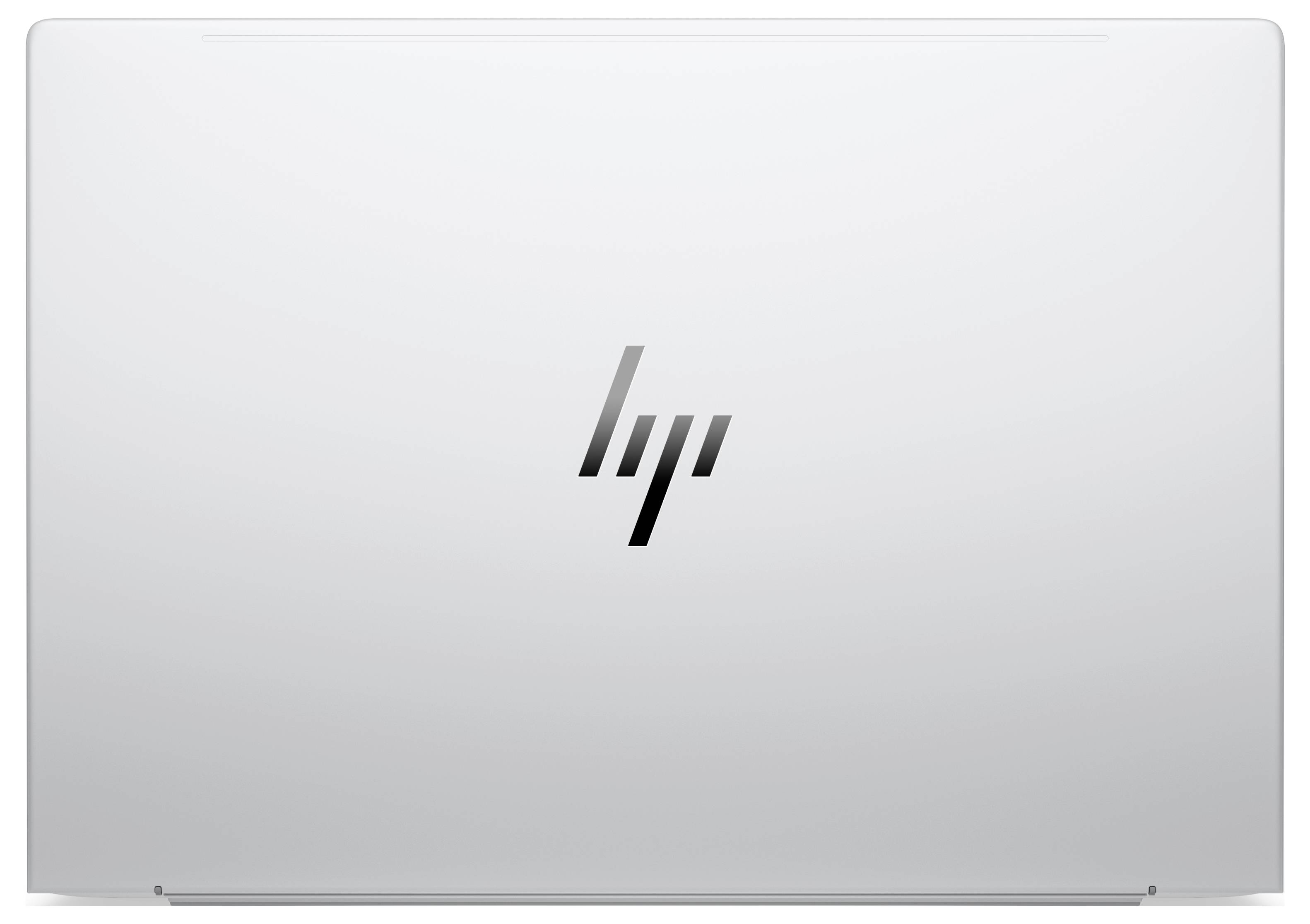Geschlossener silberner HP-Laptop mit zentriertem HP-Logo auf einfachem Hintergrund.
