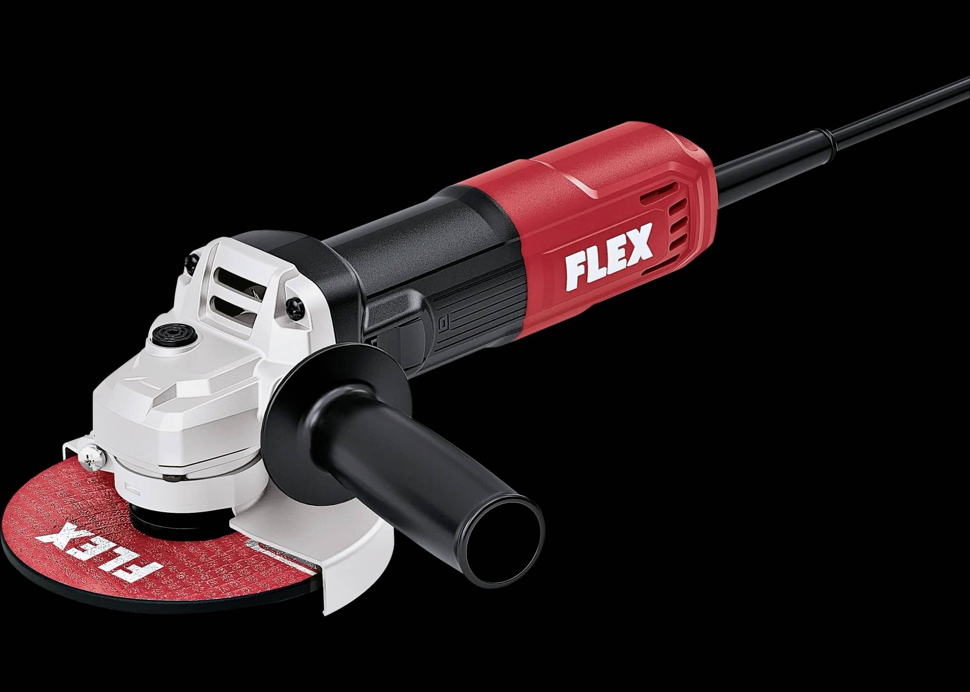 Roter FLEX Winkelschleiffer mit Seitengriff und roter Trennscheibe auf schwarzem Hintergrund.