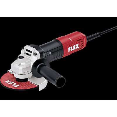 Roter FLEX Winkelschleiffer mit Seitengriff und roter Trennscheibe auf schwarzem Hintergrund.