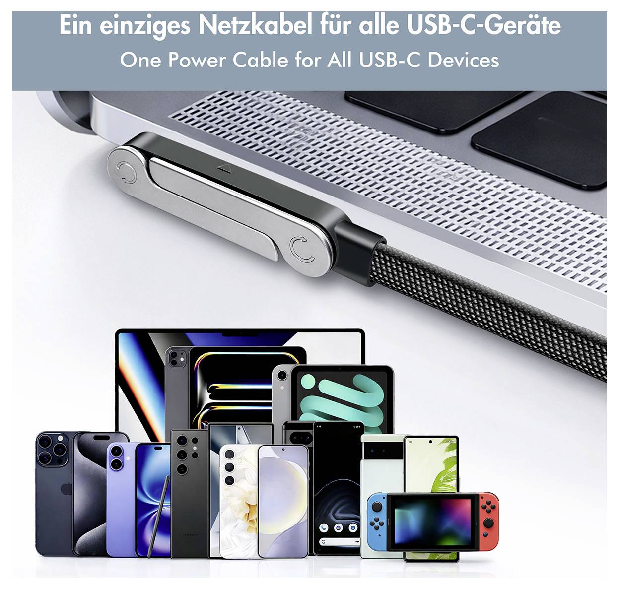 Werbegrafik mit einem USB-C-Ladekabel für „Ein Stromkabel für alle USB-C-Geräte", wobei das Kabel mit mehreren Telefonen, Tablets und einem Laptop verbunden ist.