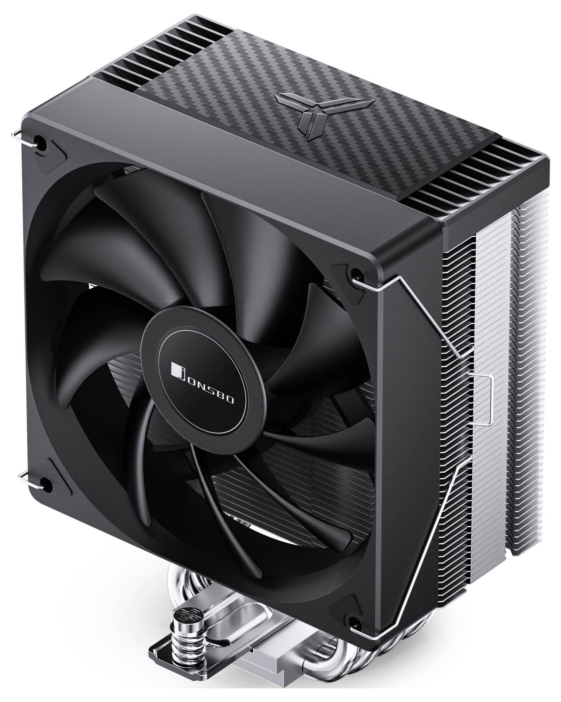 Schwarzer CPU-Luftkühler mit großem Lüfter, Lamellenstapel und Wärmerohrren, dargestellt in einer Dreiviertelprodukansicht.