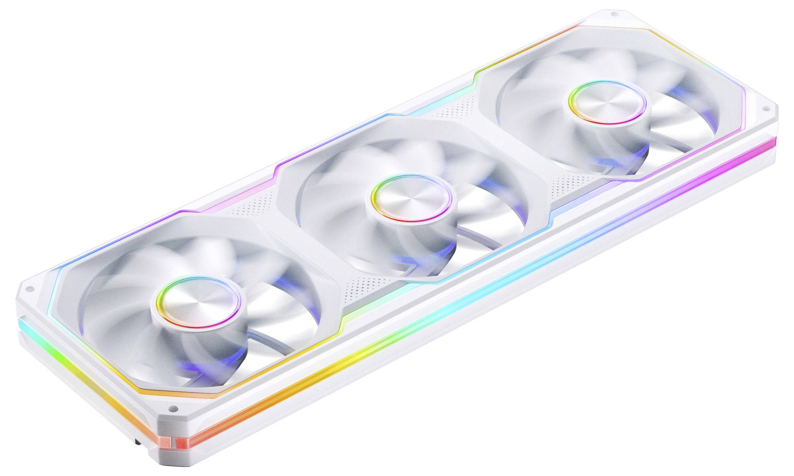 Drei RGB-beleuchtete Kühlventilatoren in einem weißen PC-Flüssigkeitskühler-Radiator auf transparentem Hintergrund.