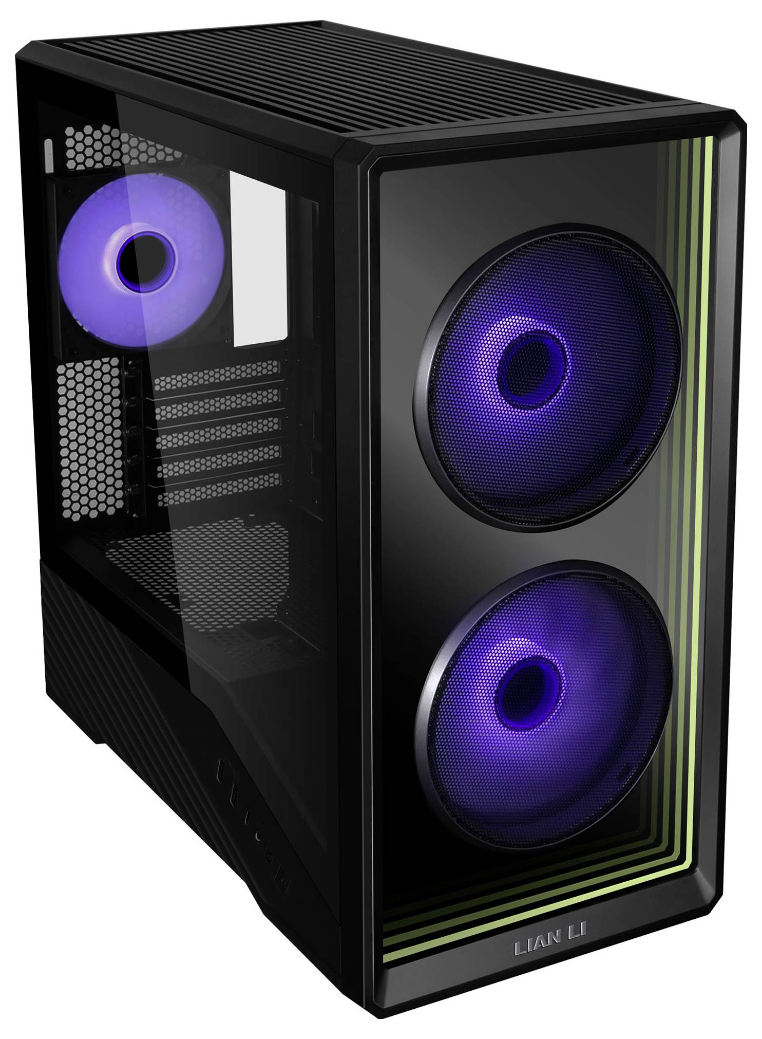 Schwarzes Lian Li PC-Turmgehäuse mit drei violett beleuchteten Kühlventilatoren und einem Seitenpanel aus gehärtetem Glas.