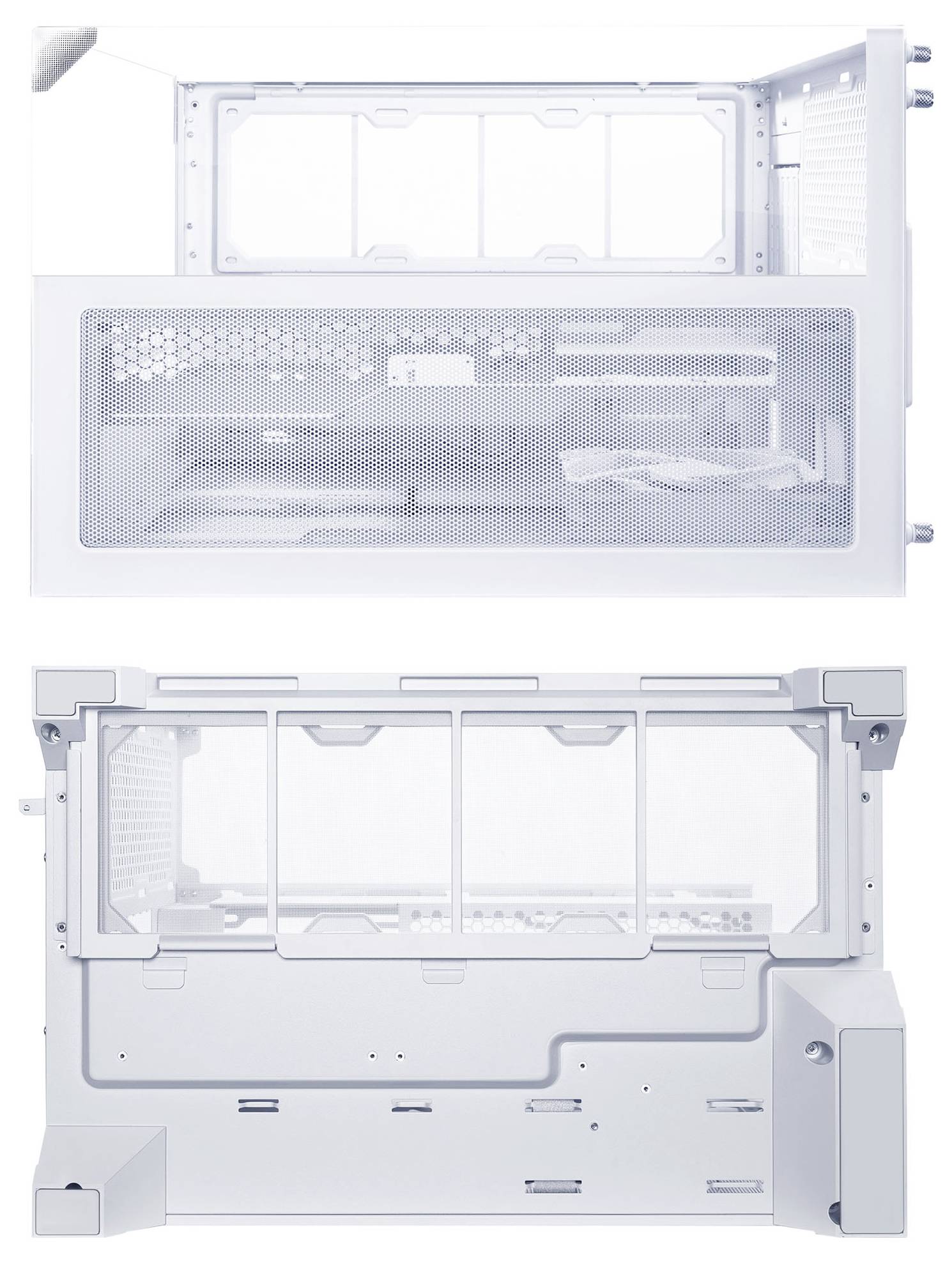 Zwei Ansichten eines weißen Metallcomputer-Gehäuses mit Mesh-Frontplatte, die den leeren internen Rahmen und das Festplattenschacht-Layout von vorne und von der Seite zeigen.