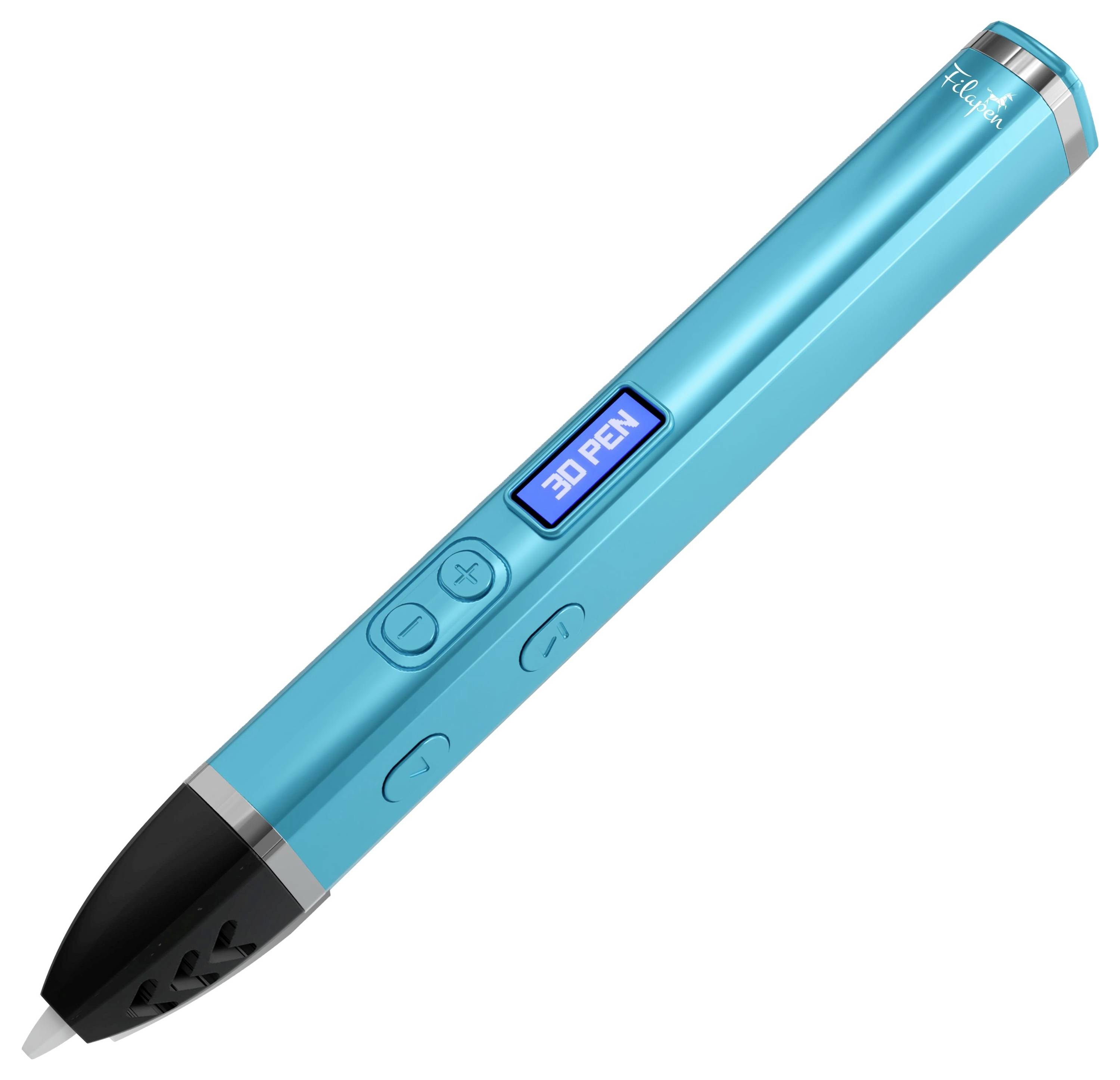 Blauer 3D-Stift mit kleinem Display und Bedienschaltflächen, schräg auf weißem Hintergrund angeordnet.