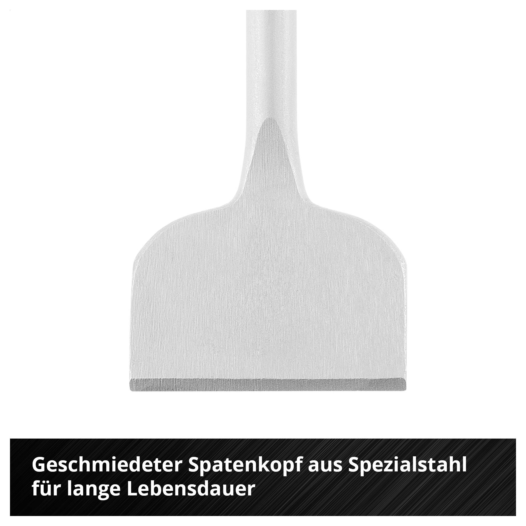Ein geschmiedeter Spatenkopf aus Spezialstahl mit breiter Schaufel und Text: 'Geschmiedeter Spatenkopf aus Spezialstahl für lange Lebensdauer'.