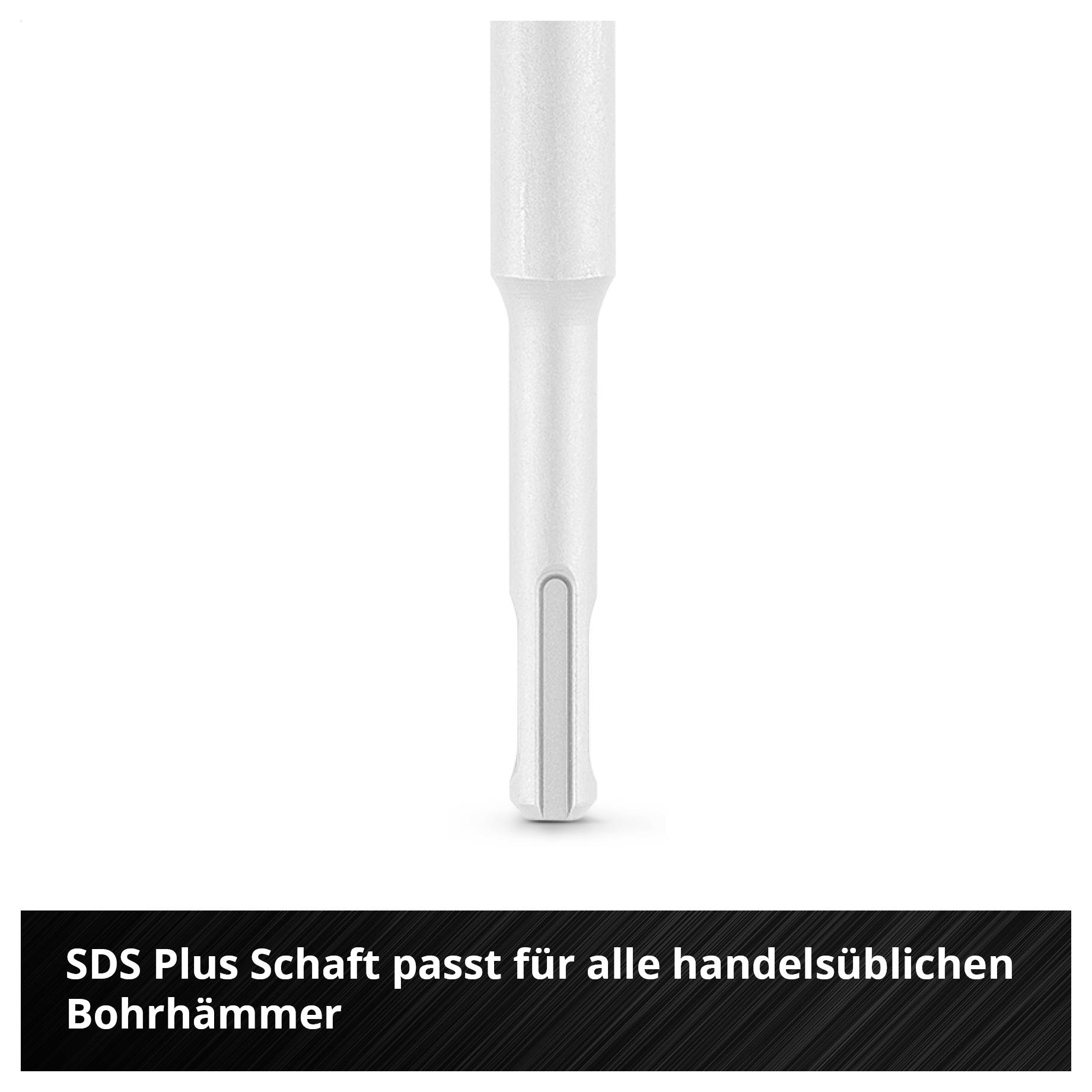SDS-Plus-Schaft eines Bohrers; Text: 'SDS Plus Schaft passt für alle handelsüblichen Bohrhämmer'.
