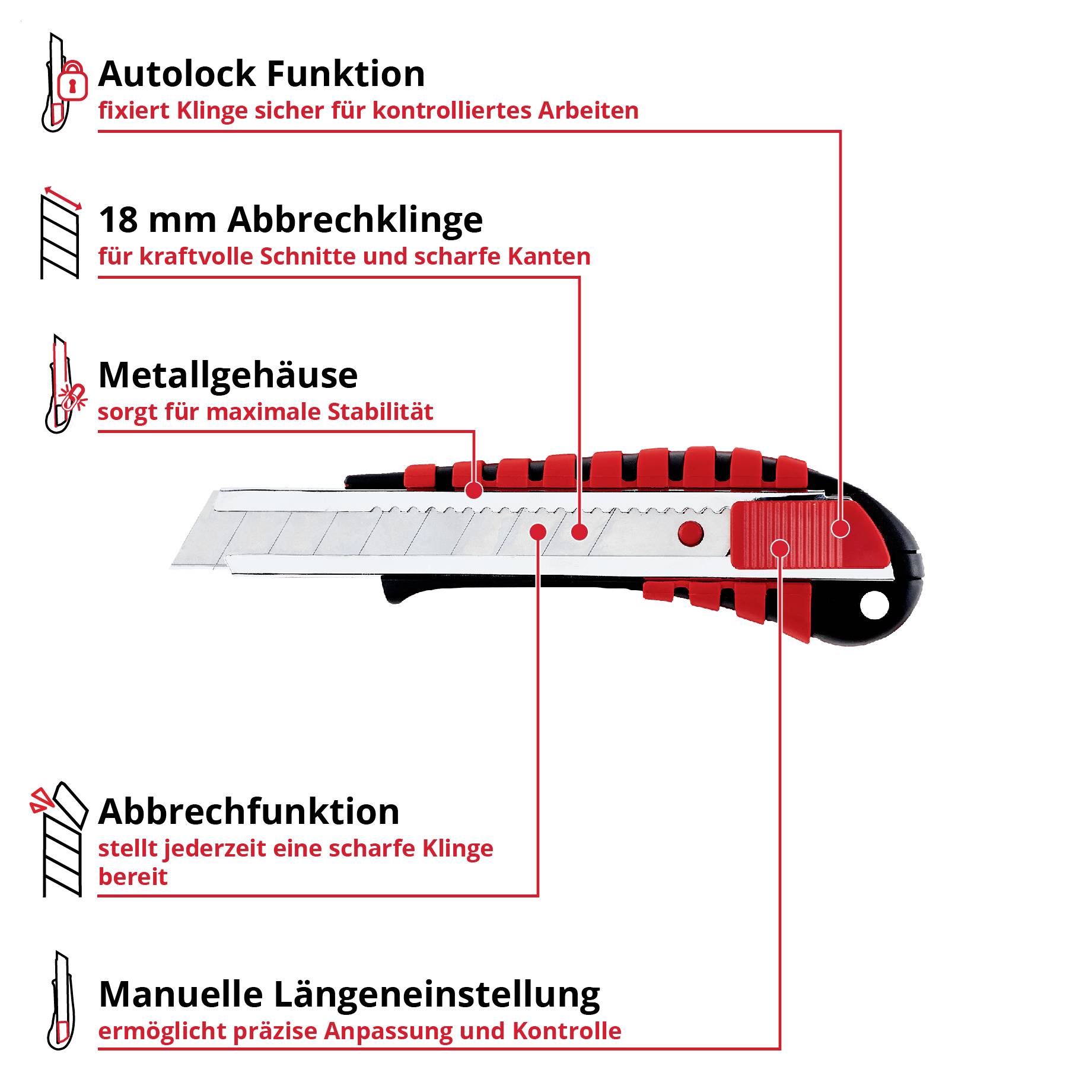 Infografik eines Cuttermessers mit beschrifteten Funktionen: Autolock, 18-mm-Abbrechklinge, Metallgehäuse, Abbrechfunktion und manuelle Längeneinstellung.