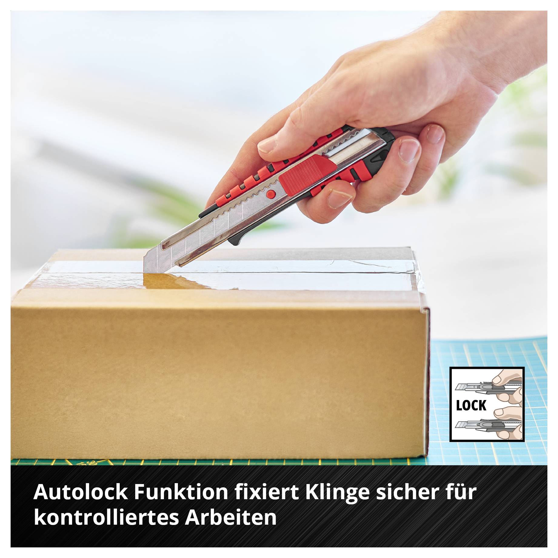 Hand schneidet mit Teppichmesser ein versiegeltes Paket; Hinweis: 'Autolock Funktion fixiert Klinge sicher für kontrolliertes Arbeiten'.