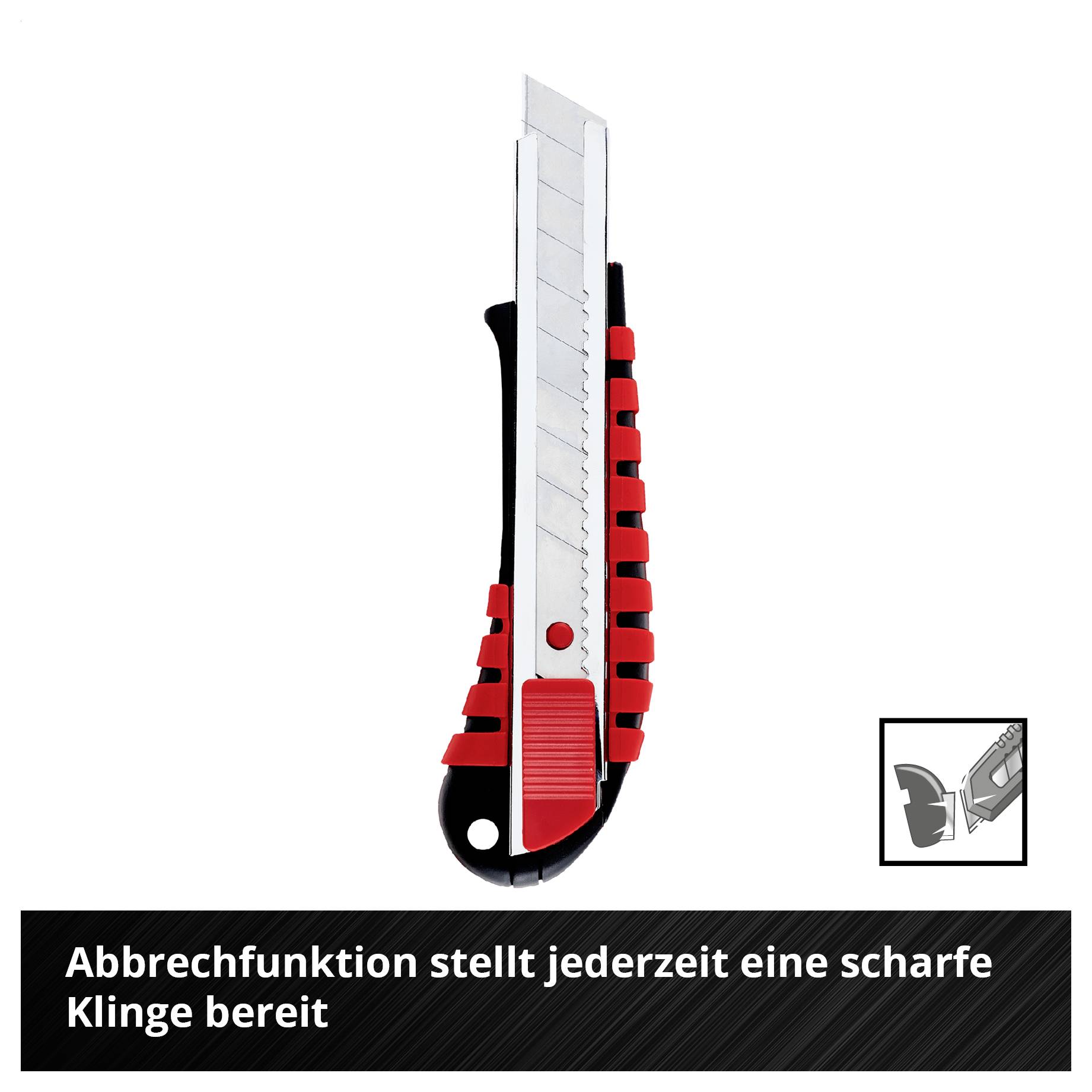 Abbrechmesser mit rotem Schieber; Hinweistext: 'Abbrechfunktion stellt jederzeit eine scharfe Klinge bereit'.