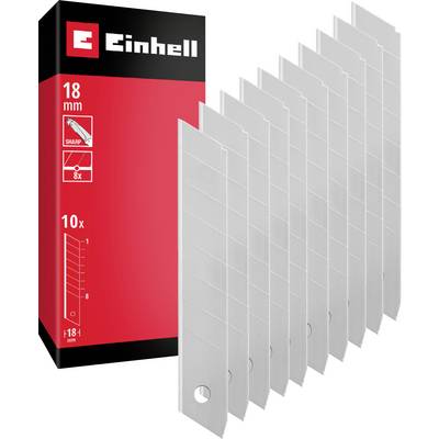 Einhell-Paket mit 10 scharfen 18-mm-Universalmesserklingen, dargestellt neben gestapelten silbernen Ersatzklingen.