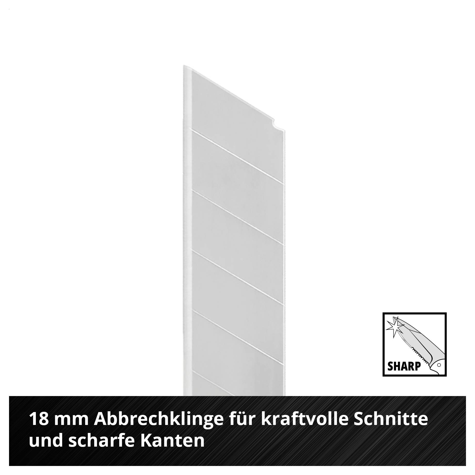 Produktbild einer 18-mm-Abbrechklinge; Text: '18 mm Abbrechklinge für kraftvolle Schnitte und scharfe Kanten'.<br>