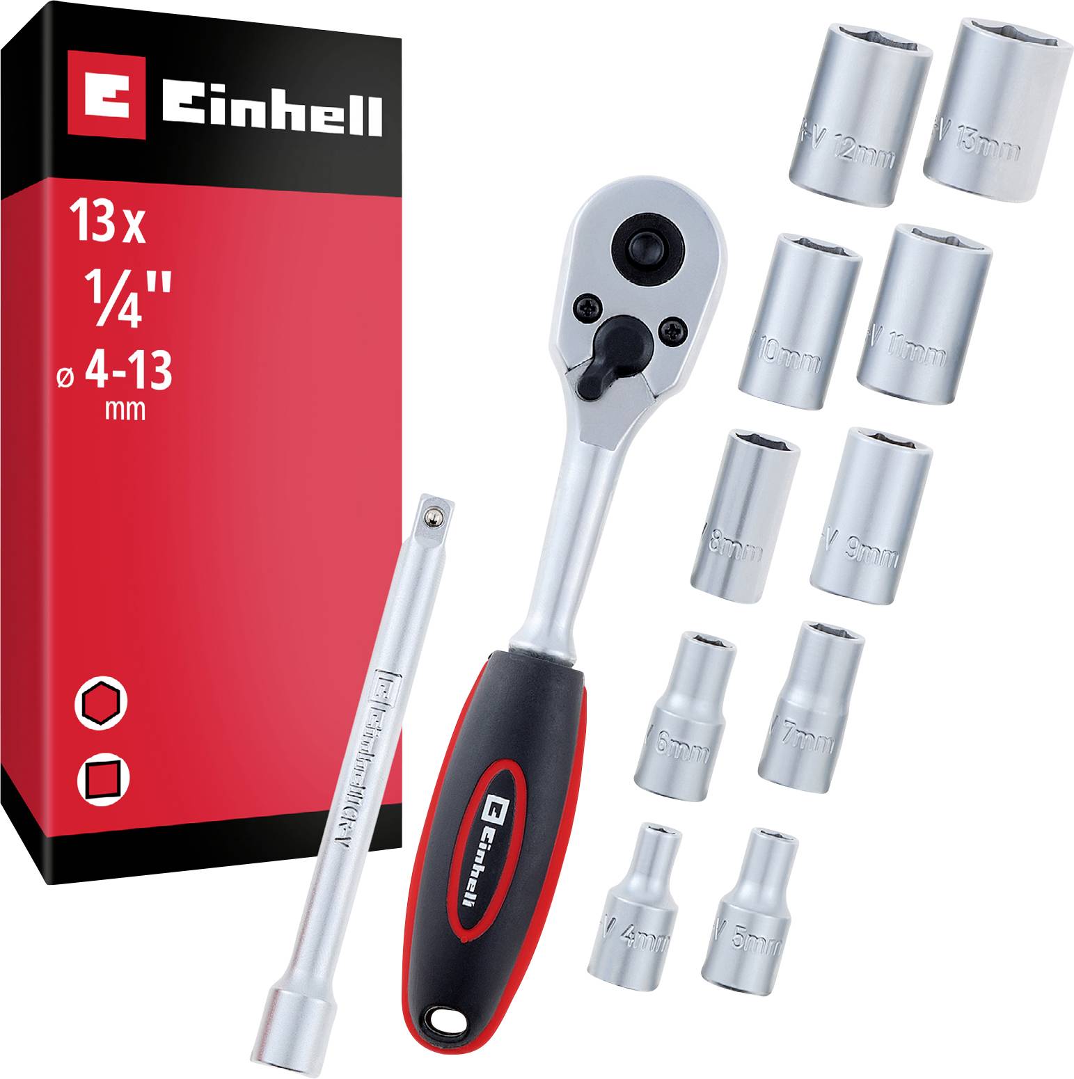 Einhell 13-teiliger 1/4-Zoll-Ratschenschlüssel-Set mit Verlängerungsstange und Steckschlüsseln für 4-13 mm, im Verpackungsdesign dargestellt