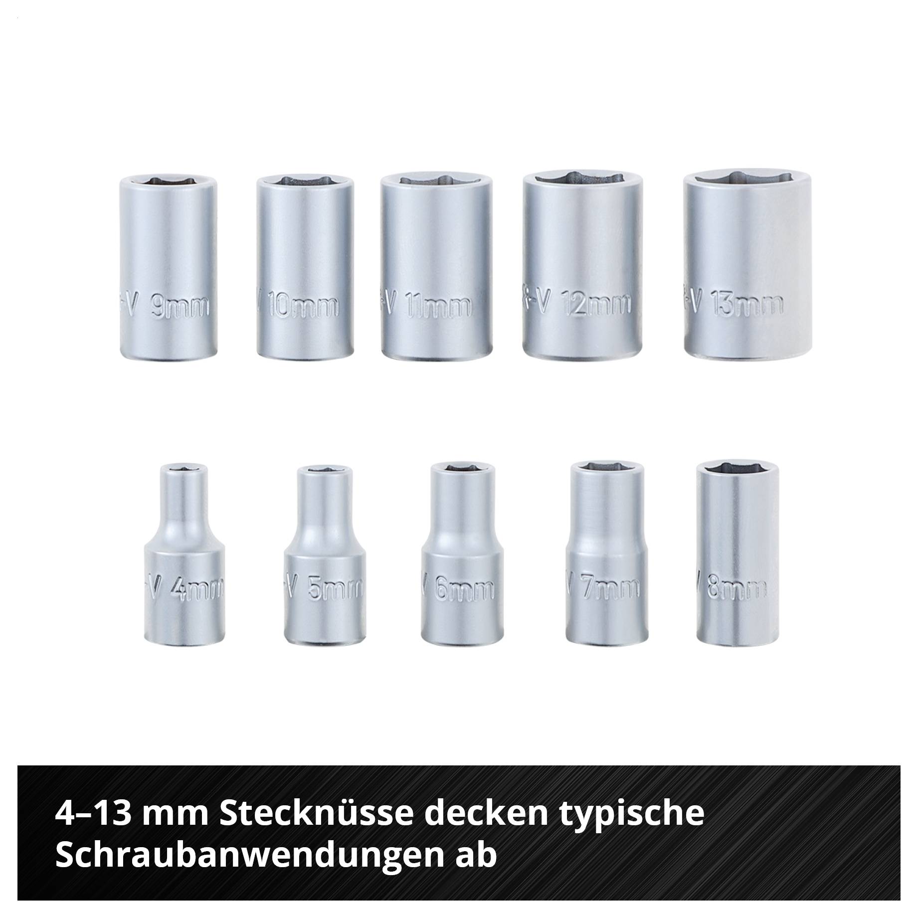Set mit Stecknüssen in Größen von 4 bis 13 mm; Text unten: '4-13 mm Stecknüsse decken typische Schraubanwendungen ab'.