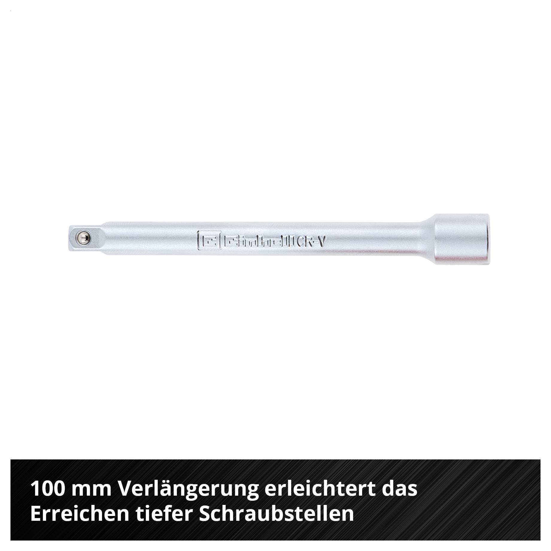 100-mm-Verlängerung für Steckschlüssel, erleichtert das Erreichen tiefer Schraubstellen.