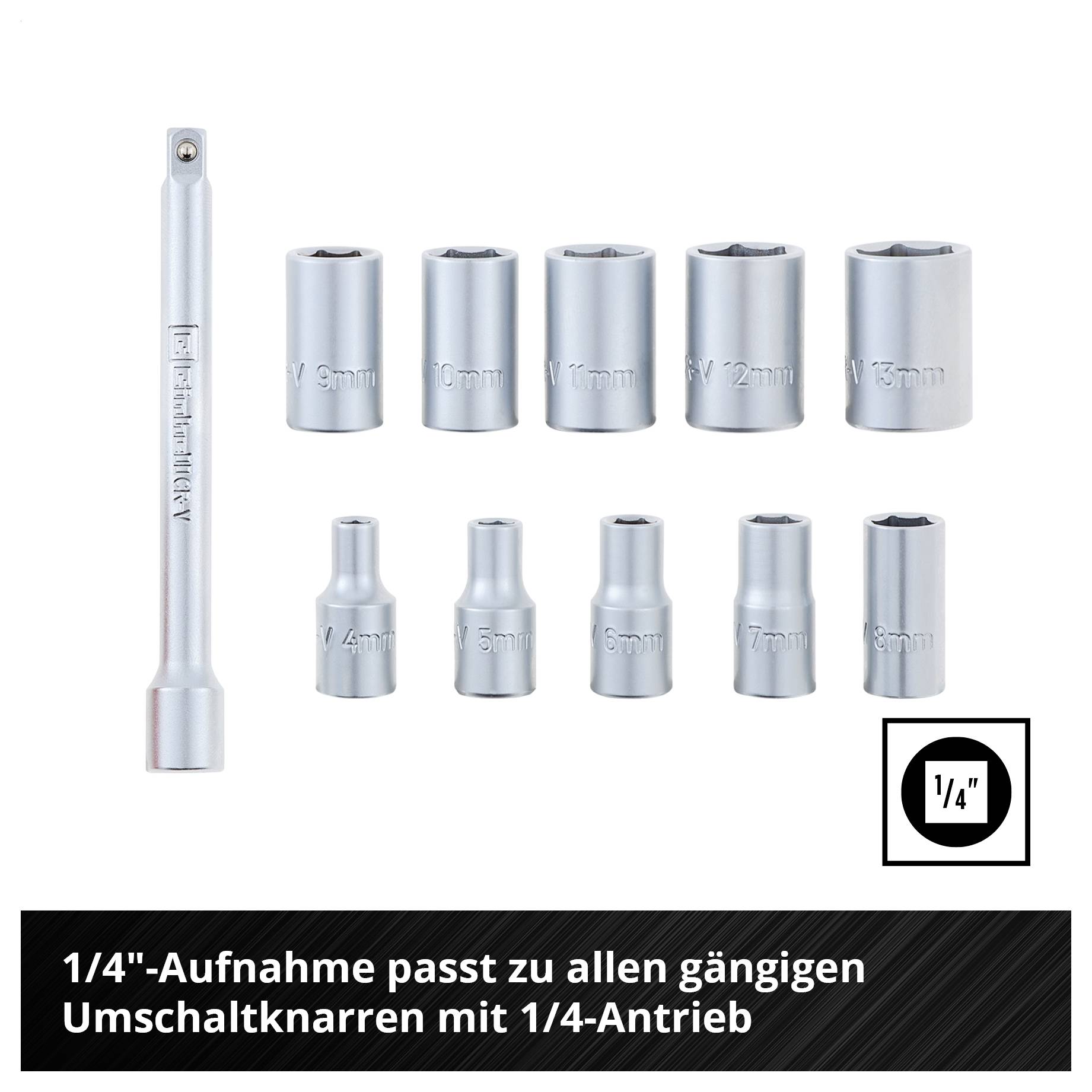 Steckschlüssel-Set mit 1/4-Zoll-Antrieb und verschiedenen Nüssen; Hinweis: '1/4"-Aufnahme passt zu allen gängigen Umschaltknarren mit 1/4-Antrieb'<br>