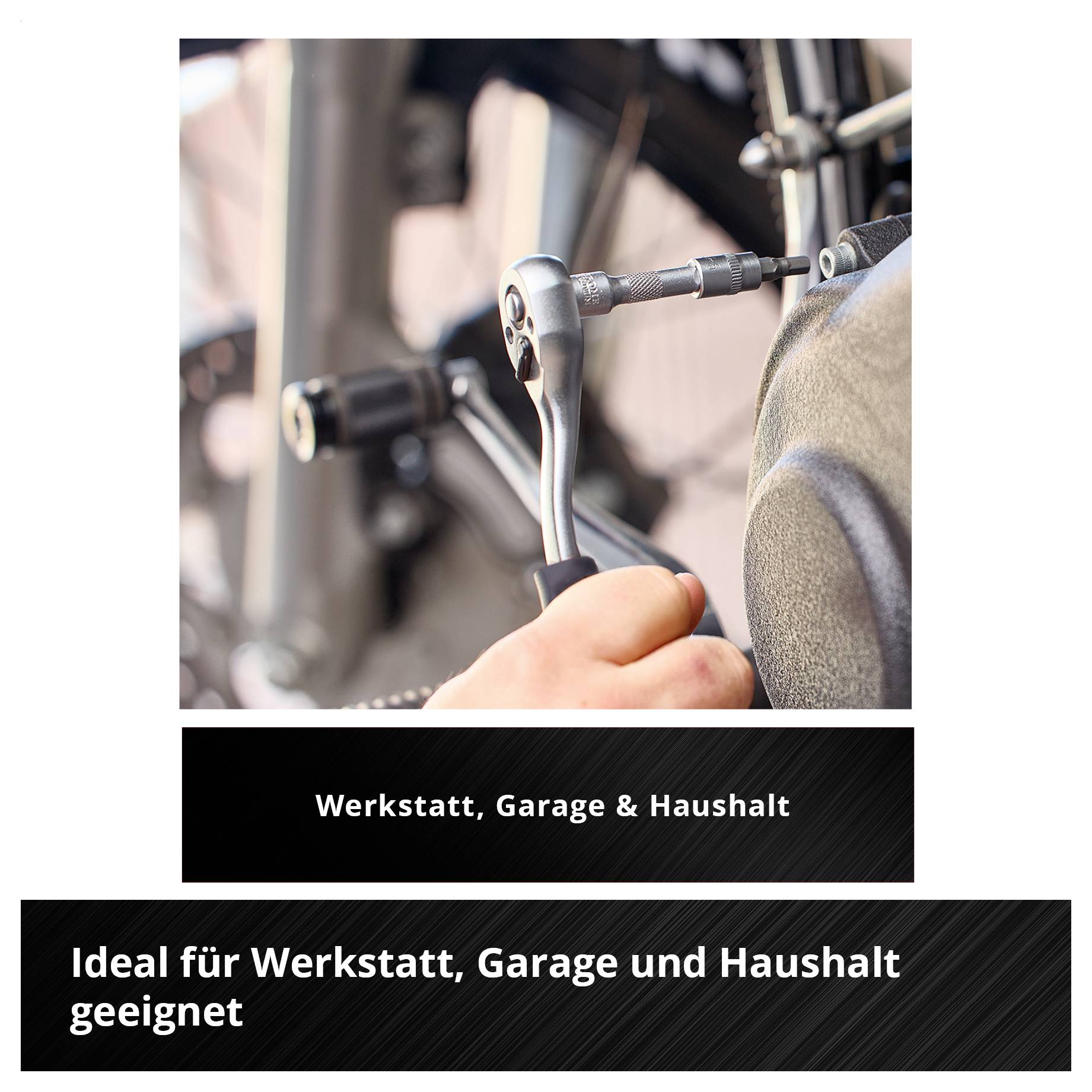 Ratsche an einem Schraubenkopf beim Arbeiten; darunter steht 'Werkstatt, Garage & Haushalt' und 'Ideal für Werkstatt, Garage und Haushalt geeignet'.