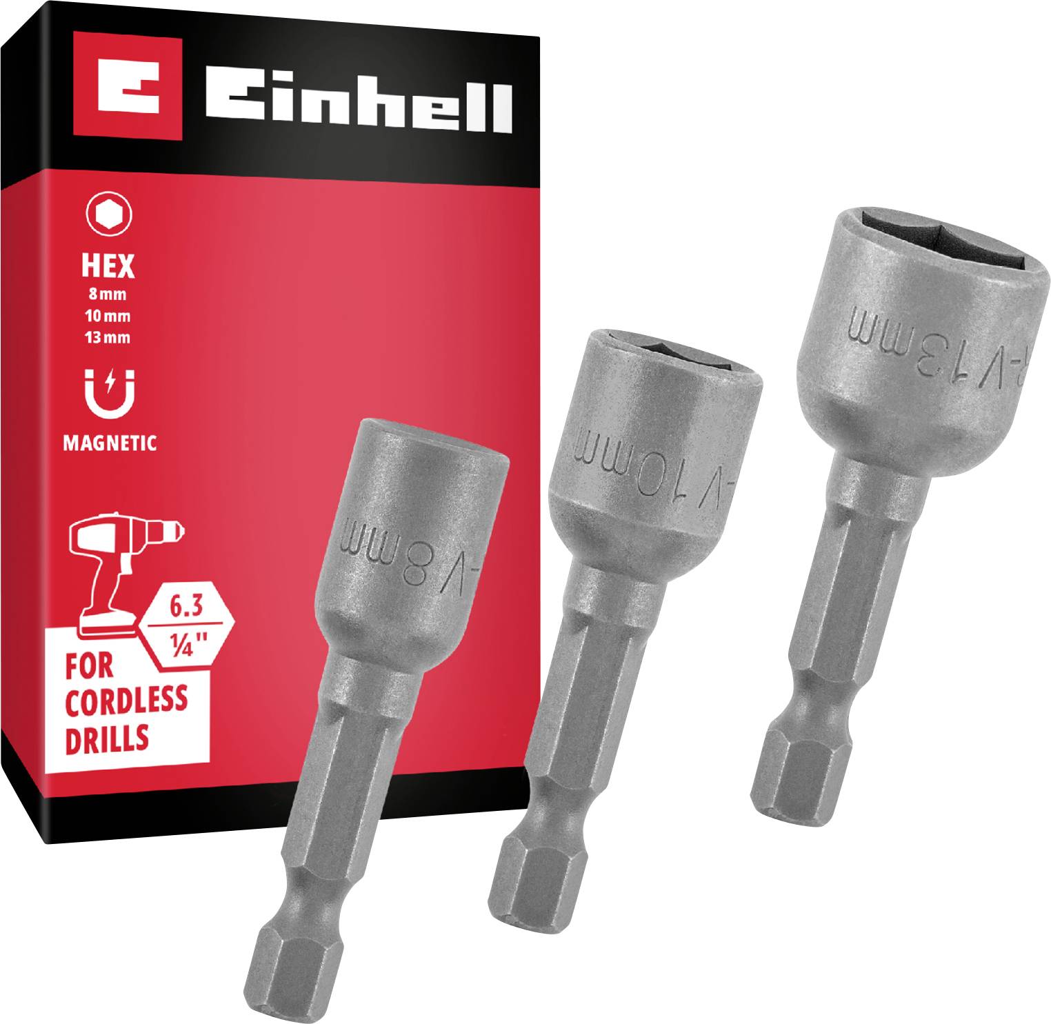 Einhell Bit-Set für Akku-Bohrschrauber: magnetische 8, 10 und 13 mm HEX-Stecknüsse mit 1/4"-Sechskantschaft, auf Verpackung dargestellt.