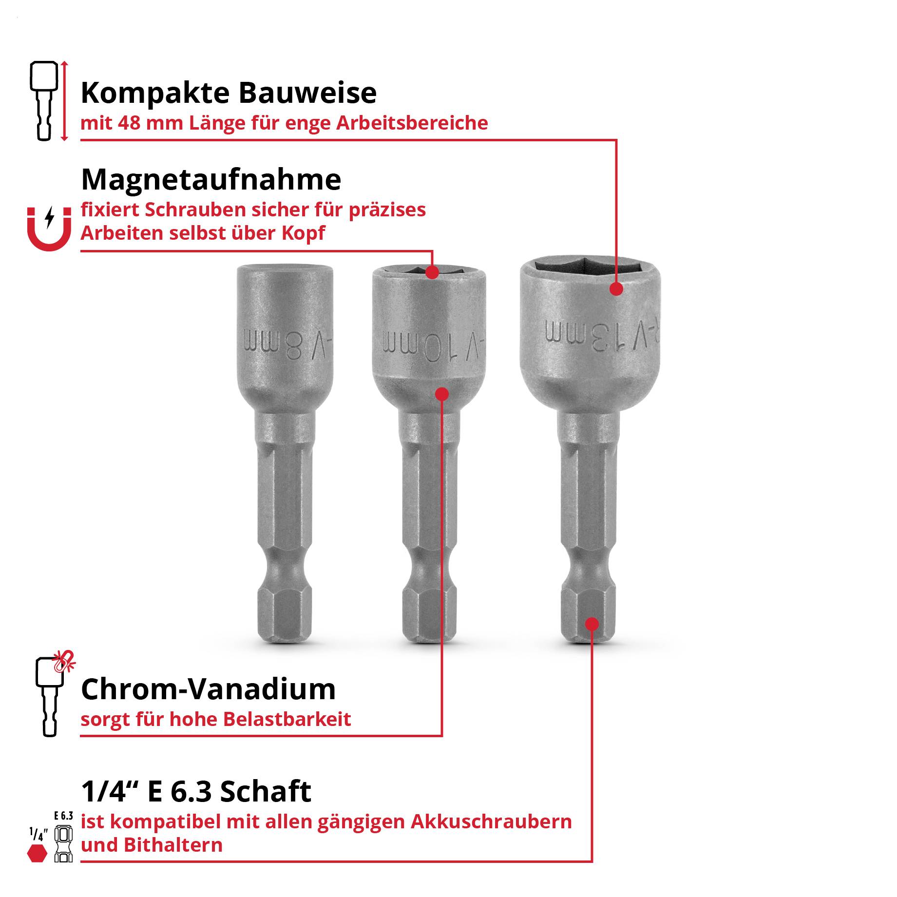 Infografik eines Schraubendreher-Bits mit drei Ansichten; hervorgehoben werden kompakte 48-mm-Bauweise, Magnetaufnahme, Chrom-Vanadium und 1/4' E 6.3 Schaft für Akkuschrauber und Bithalter.