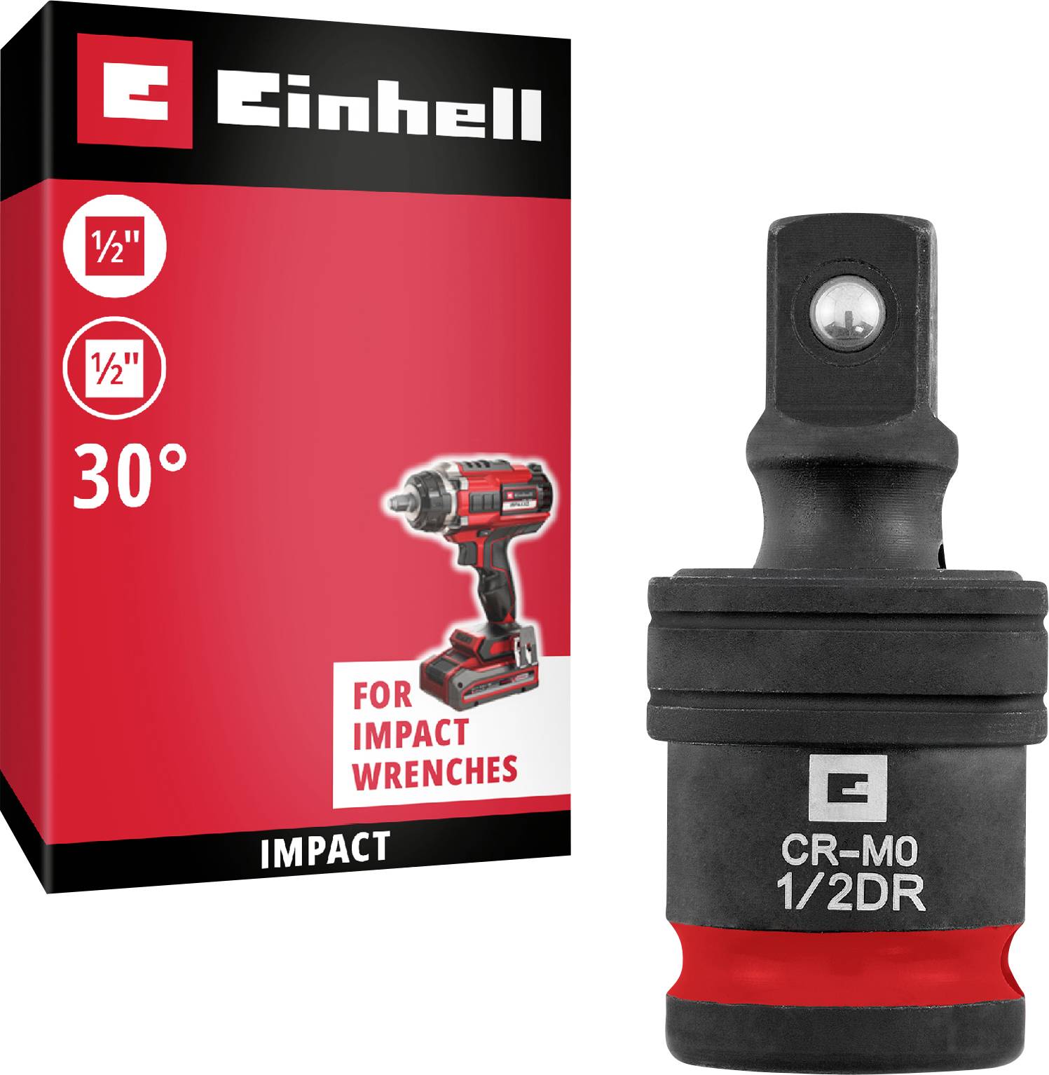 Einhell 1/2-Zoll 30°-Schlagschrauber-Adapter-Stecknuss auf Produktverpackung, gekennzeichnet für Schlagschrauber und CR-MO 1/2DR.