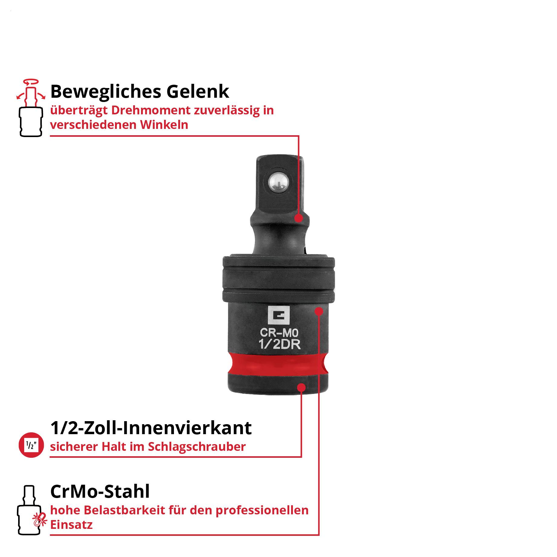 Produktgrafik eines beweglichen Gelenks: 1/2-Zoll-Innenvierkant aus CrMo-Stahl, überträgt Drehmoment in verschiedenen Winkeln und bietet sicheren Halt im Schlagschrauber.