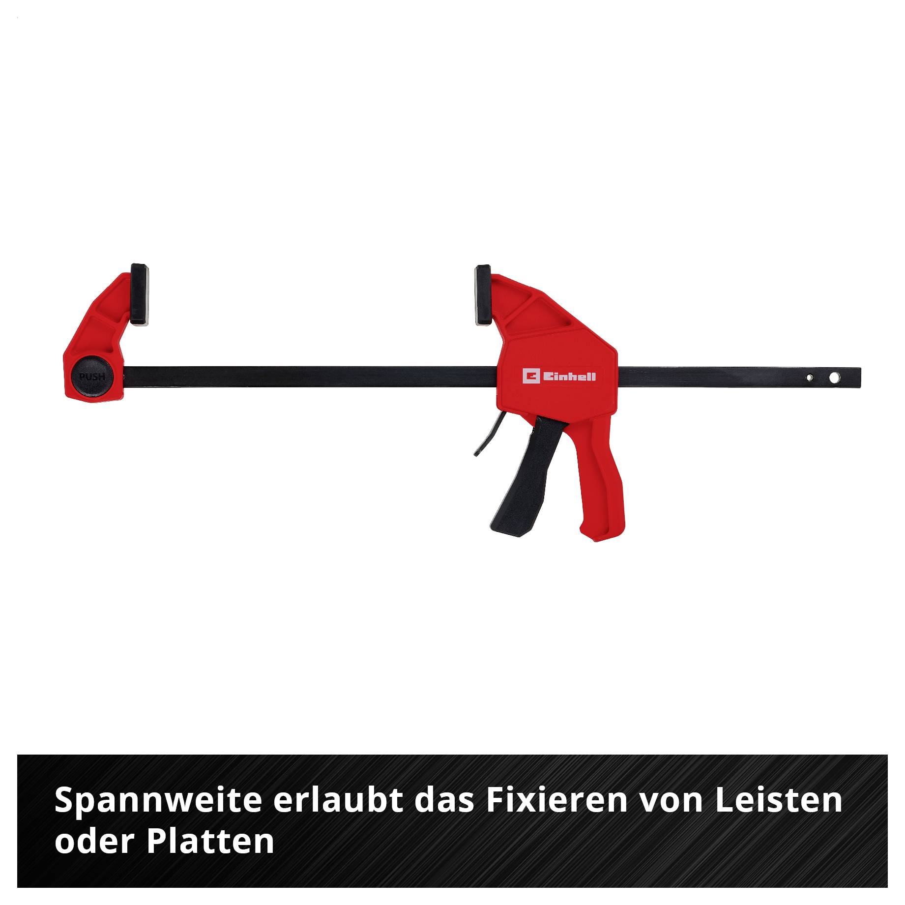 Rote Einhandzwinge mit langem Spannarm; ermöglicht das Fixieren von Leisten oder Platten.