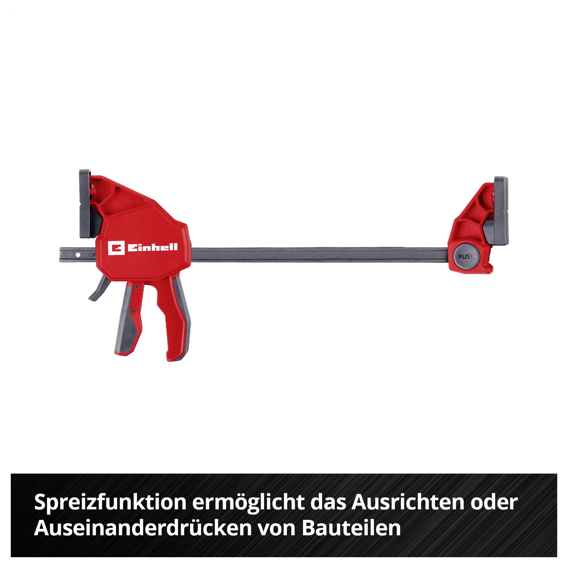 Rote Schraubzwinge mit Spreizfunktion; ermöglicht das Ausrichten oder Auseinanderdrucken von Bauteilen.