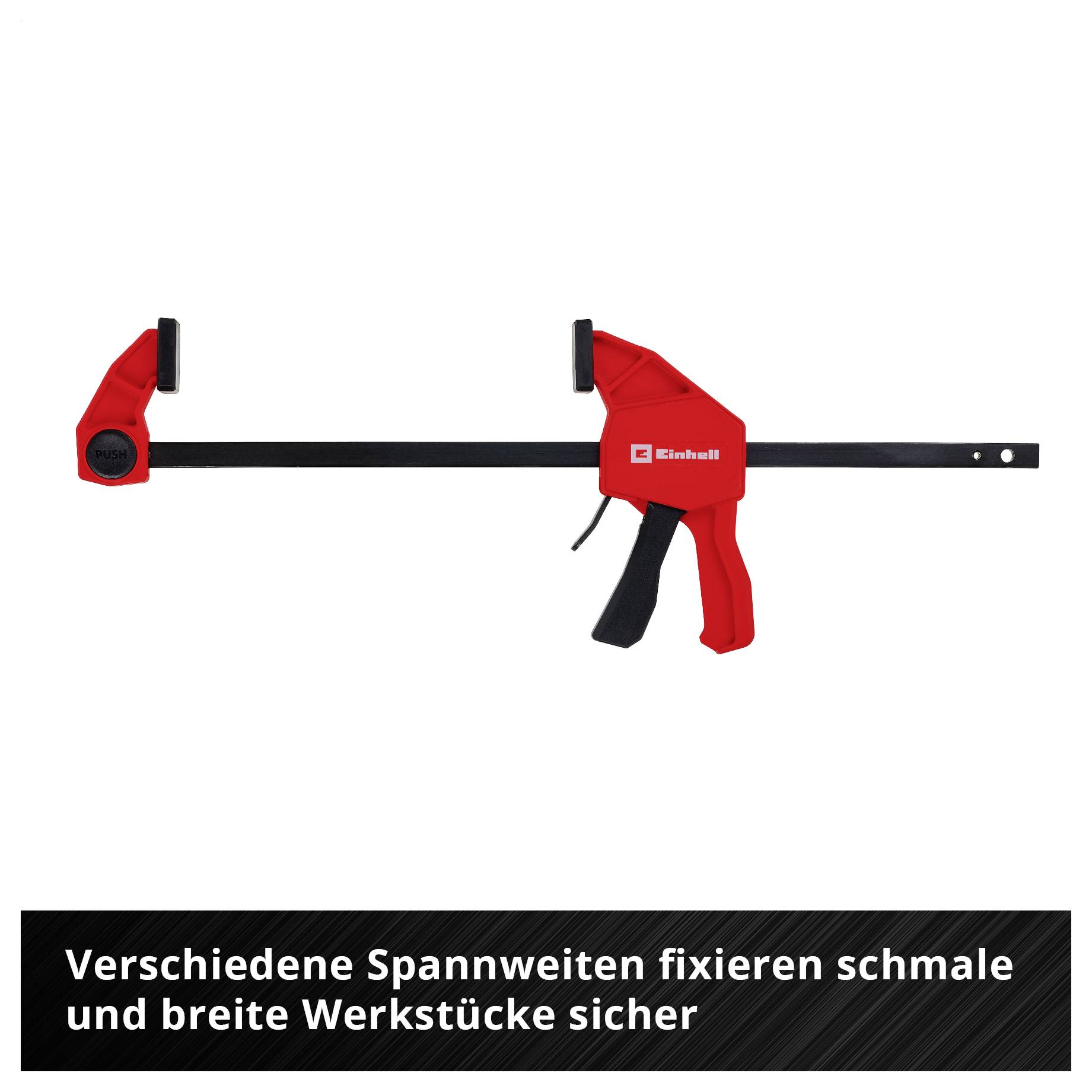 Einhell-Einhandzwinge mit rotem Griff; fixiert schmale und breite Werkstücke sicher, verschiedene Spannweiten.<br>
